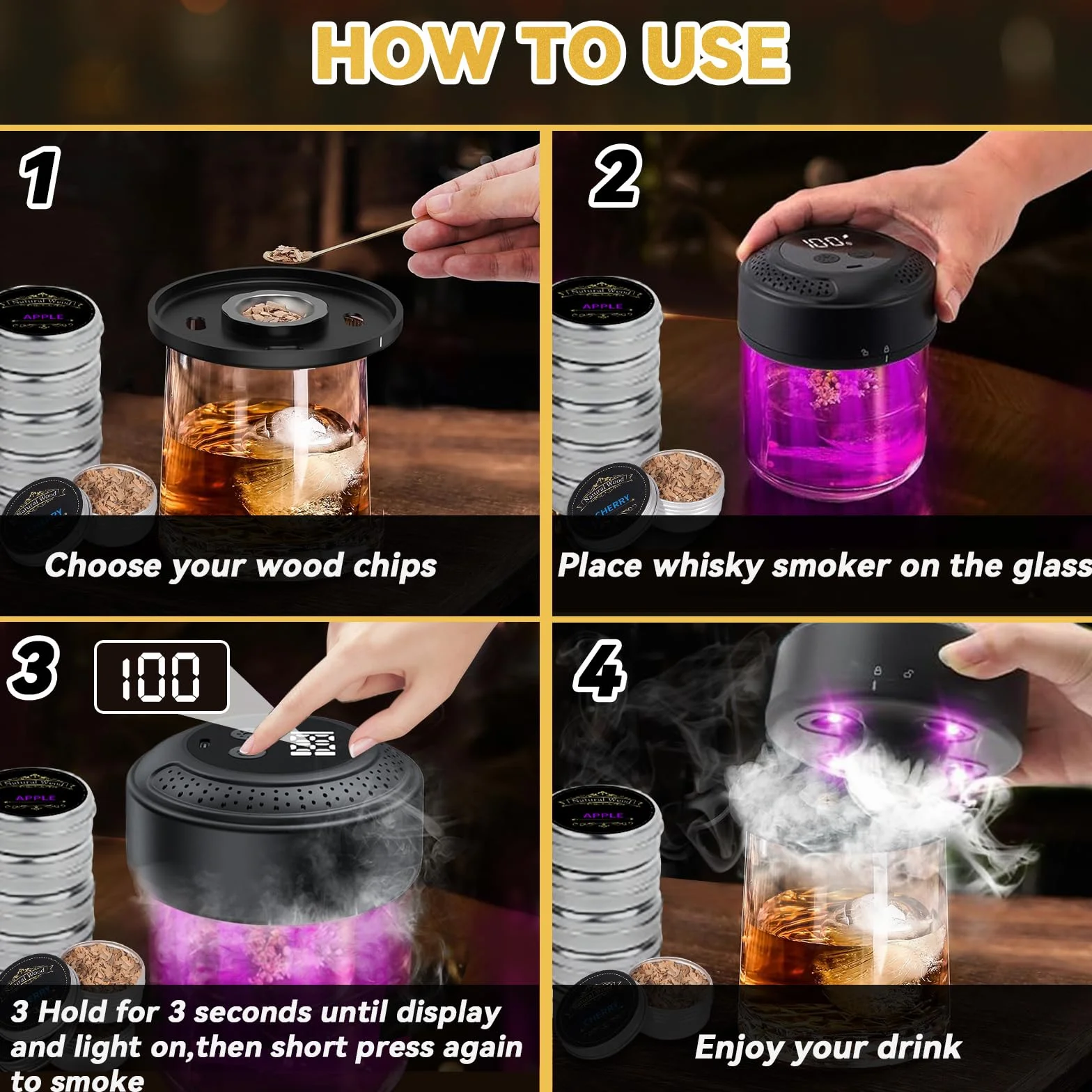 Ahumador Eléctrico de Whisky, Kit Ahumador de Cócteles con Pantalla LED y USB-C Recargable - Set con 6 Maderas Naturales
