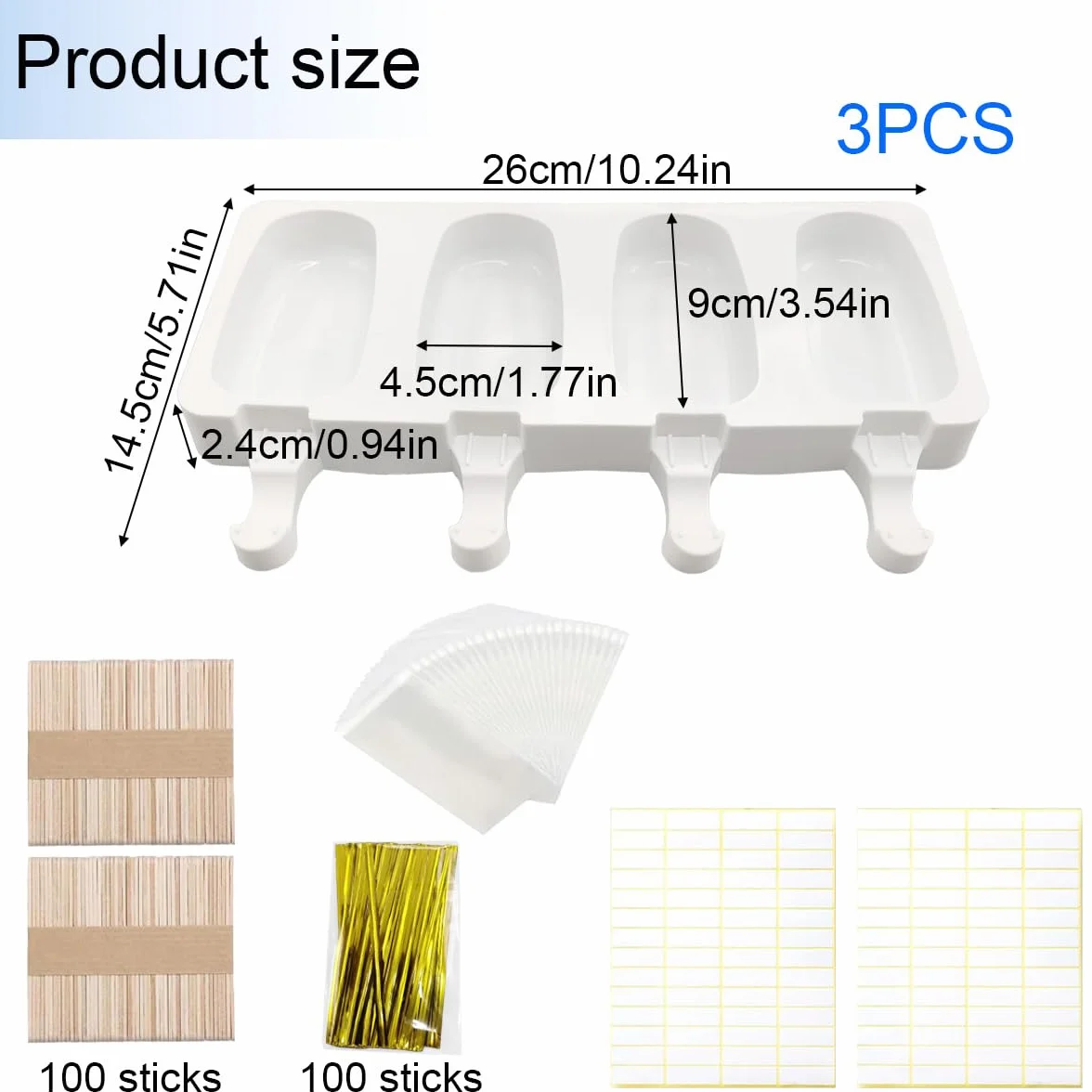 Moldes Helados Silicona sin BPA, 3 Piezas, con 100 Palos de Madera, Bolsas y Tiras