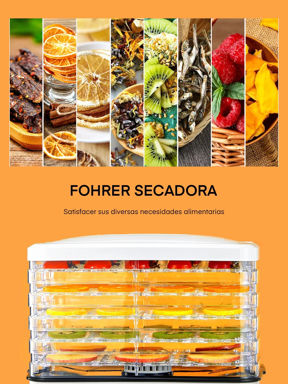 Deshidratador de Alimentos con 5 Bandejas Ajustables, Temperatura Ajustable 35-70°C
