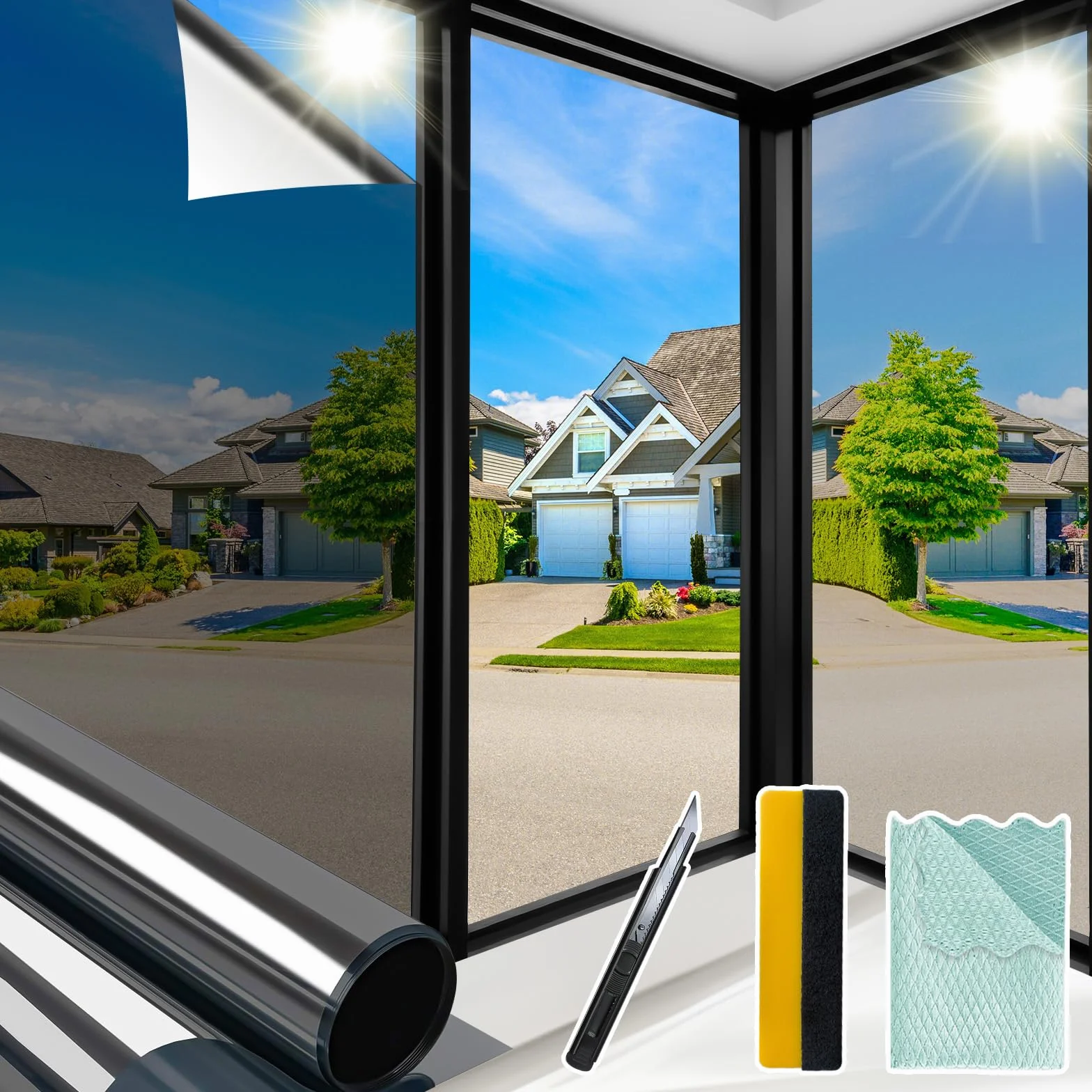 Niviy Película de espejo unidireccional para ventana del hogar con herramientas de instalación, bloqueo solar UV y control de calor y película diurna para ventana, ver hacia fuera para oficina en casa