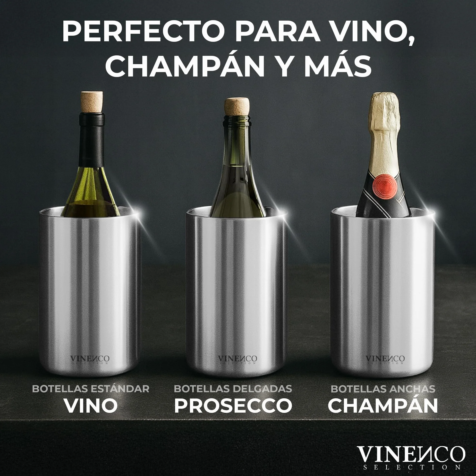 VINENCO Enfriador de Botellas de Vino Acero Inoxidable Doble Pared Aislado | Cubitera de Vino Champan y Bebidas | Set de Regalo para Hombres y Mujeres Accesorios de Vino Idea de Regalo Navidad