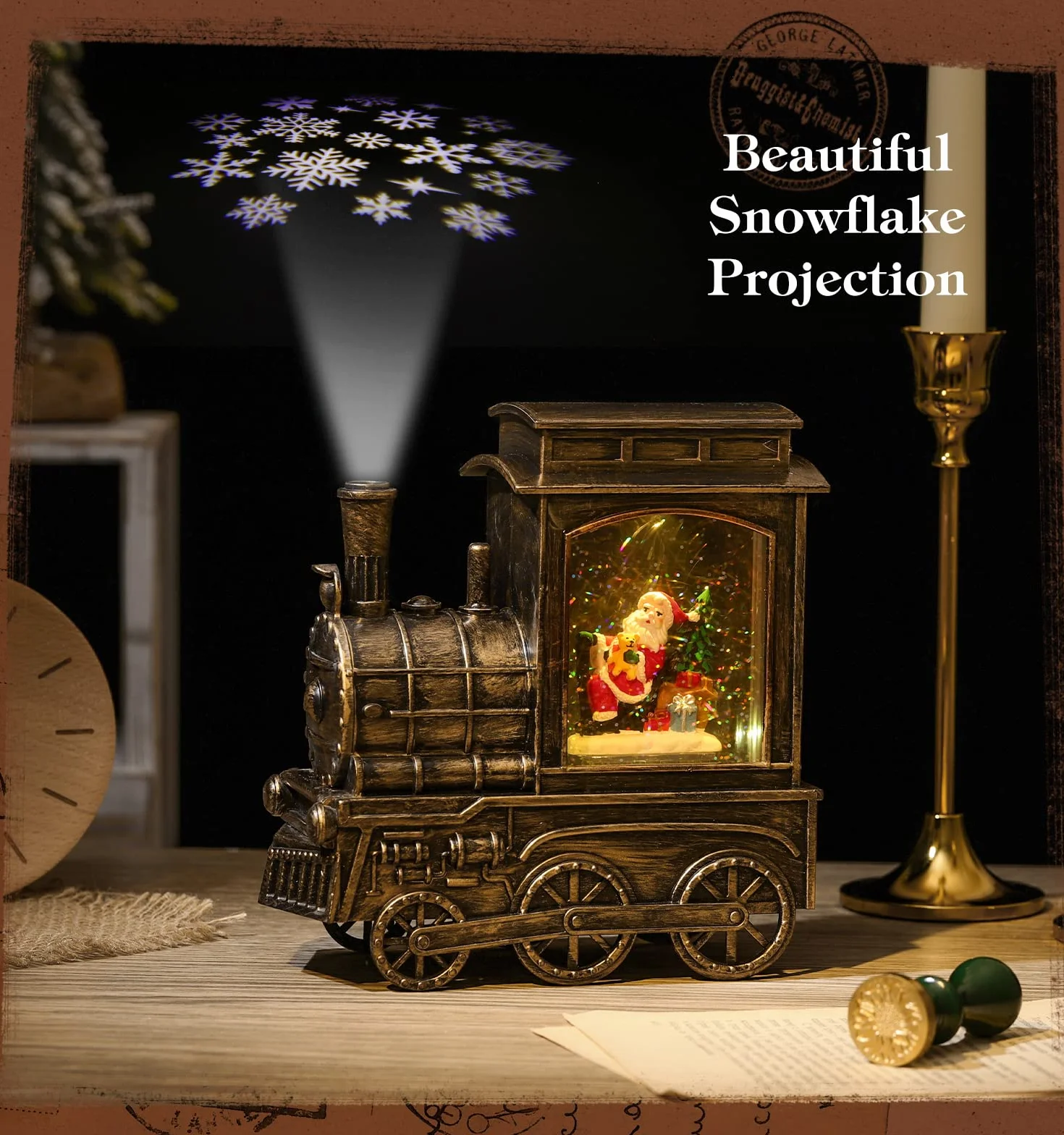 Lewondr Bola de Nieve Musical de Navidad, Caja de Música Decorativa en Forma de Tren con Papá Noel, Decoración de Mesa Funciona con Pilas/USB con Purpurina Remolinada & Proyección & Temporizador