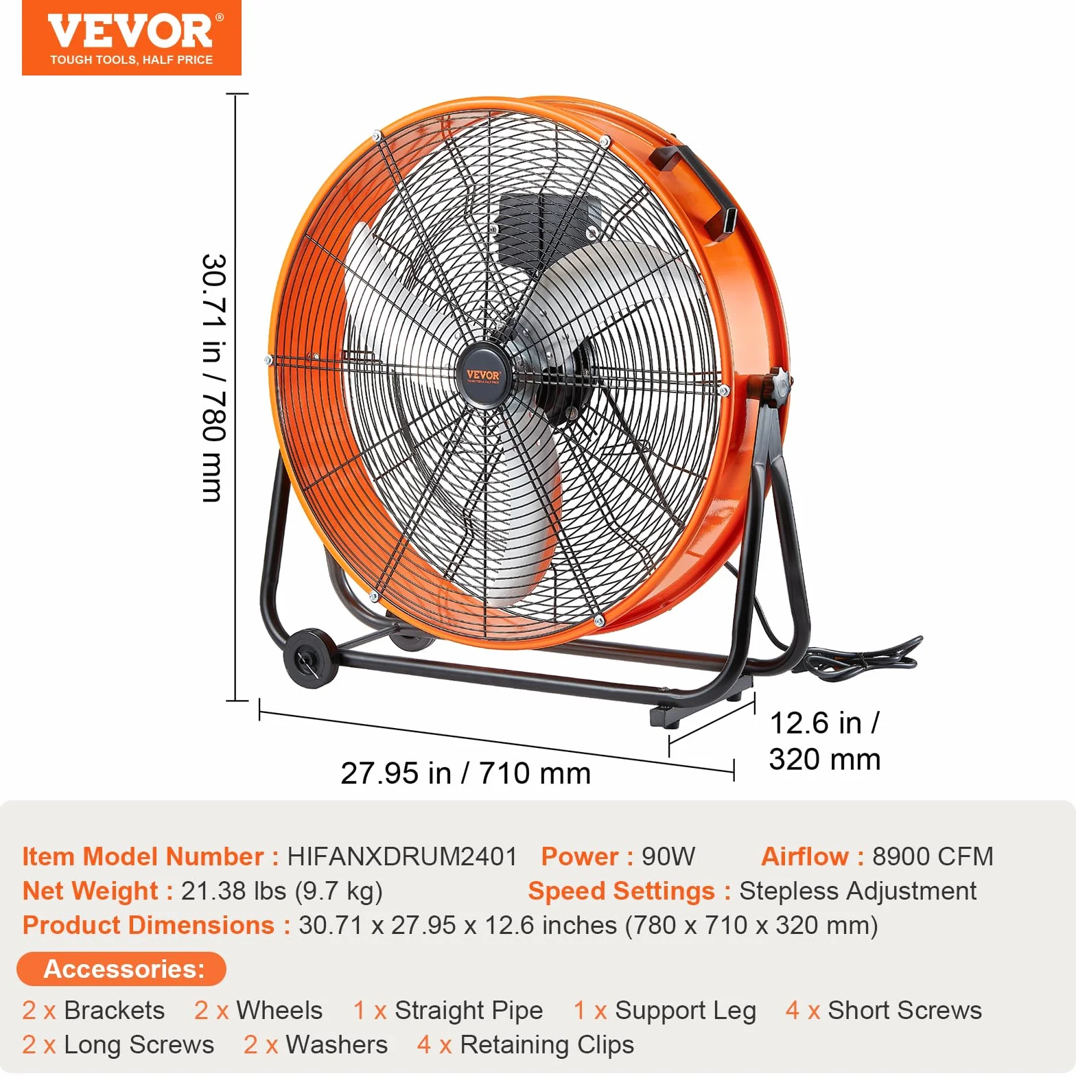 VEVOR Ventilador de Tambor Industrial de Alta Velocidad para Taller, Uso Comercial de Alta Resistencia, Velocidad Infinitamente Variable 8900 CFM, con Inclinación Ajustable de 360°, 780 x 710 x 320 mm