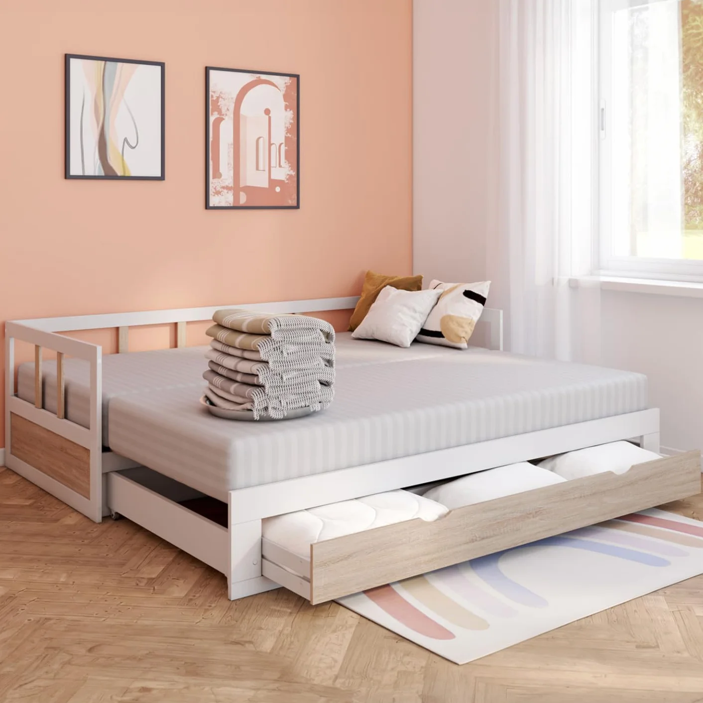 IDMarket - Cama tapizada 90 x 190 cm Zoya desplegable, 180 x 190 cm, Blanco y haya con 1 cajón