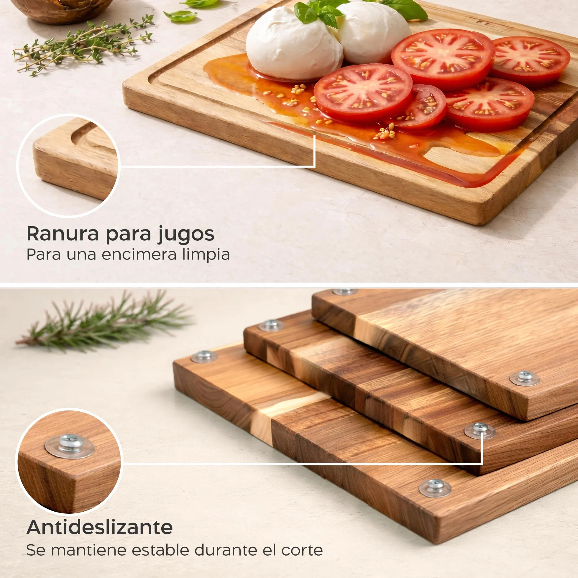 Twinzee Juego de 3 Tablas de Cortar Maciza de Acacia con Soporte, Canal para Jugos, 40x30/33x24/26x18 cm, 2cm Grosor