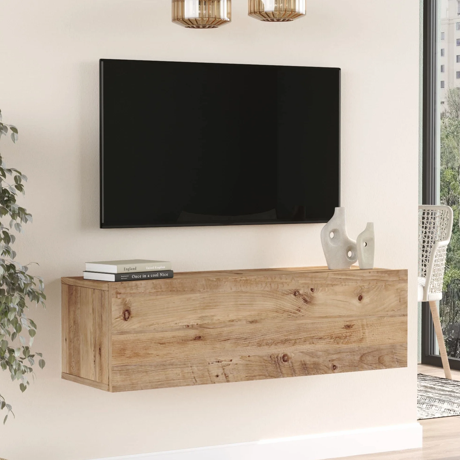 [en.casa] Mueble TV Lapinlahti Suspendido Mesa Tele de Pared con 1 Puerta Aglomerado 100 x 32 x 30 cm - Efecto Roble rústico