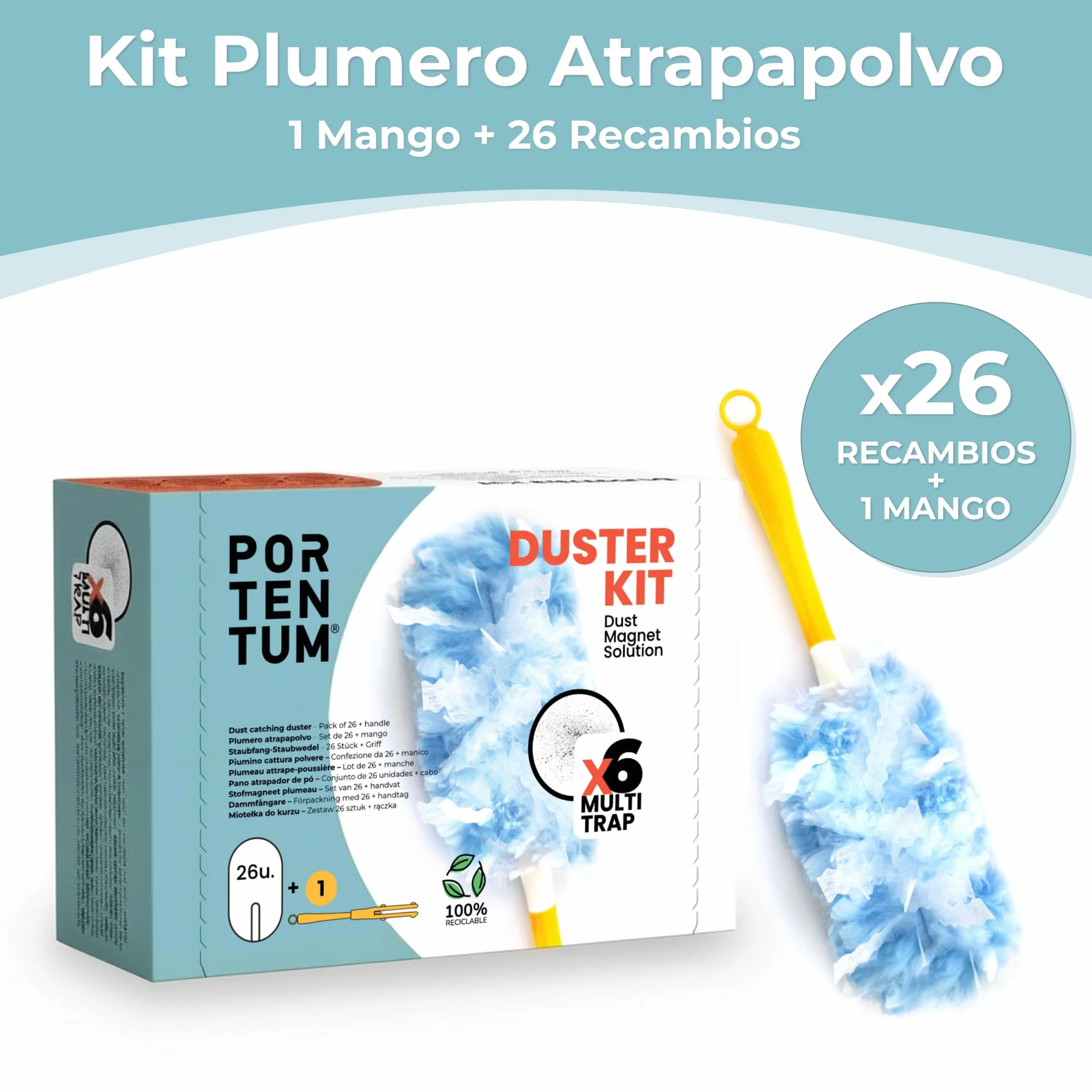 PORTENTUM Plumero Atrapapolvo, Set de 26 Recambios y 1 Mango - Kit de Limpieza Atrapa y Retiene Polvo, Pelo de Mascotas y Alérgenos, Plumero Quitapolvo Multiusos para Muebles, Coche y Electrónica