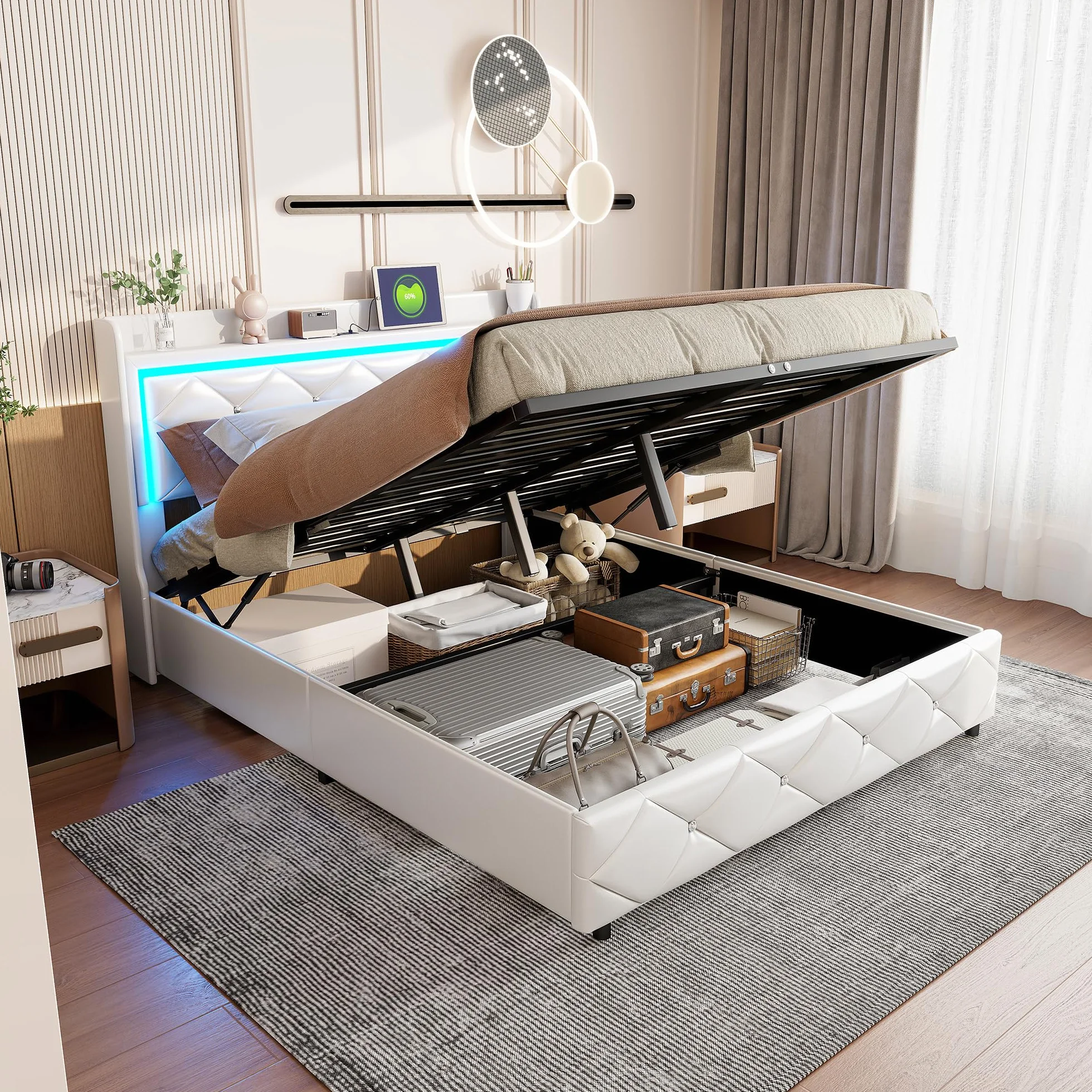 BRILVERDE Cama tapizada 140x200 cm, Cama Doble con iluminación LED, cabecero con Compartimentos de Almacenamiento y función de Carga USB, Base con somier, Cama de Dormitorio, PU, ​​Blanco