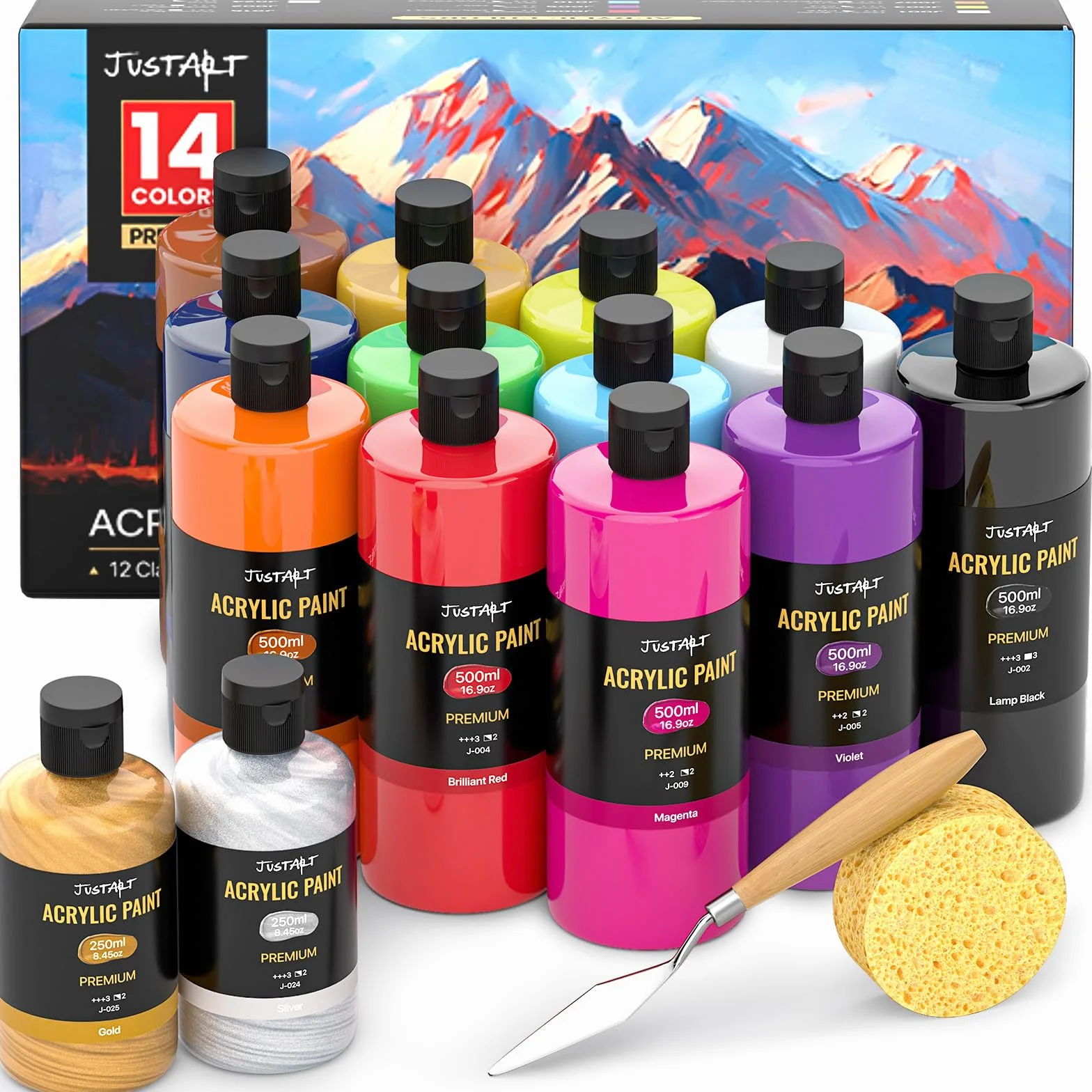 JusArt Juego de botellas de pintura acrílica de 14 colores de 500 ml (2 pinturas metálicas de 250 ml), suministros de pintura a granel ricos pigmentados para artistas, principiantes, niños y adultos