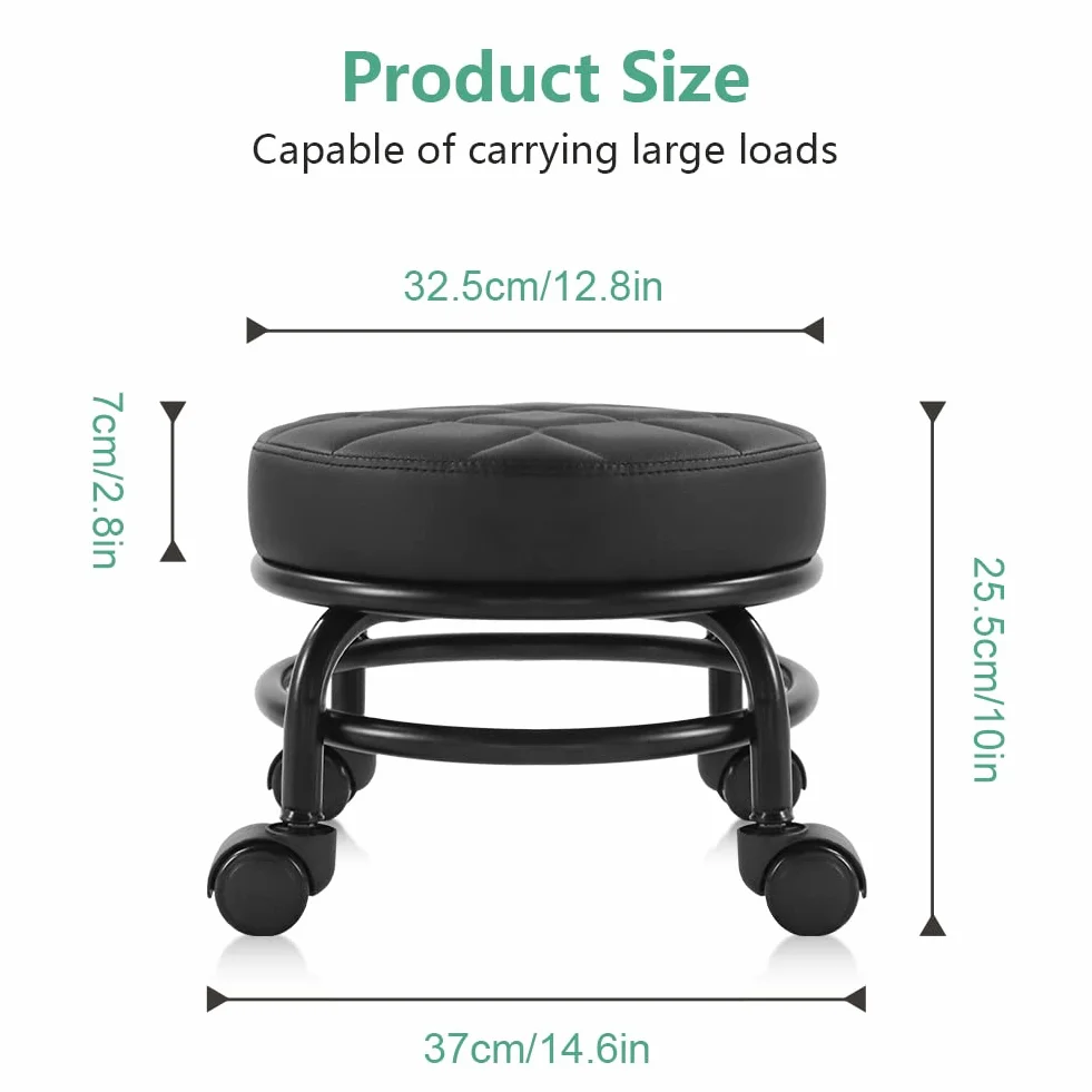 FURWOO Roller Seat PU Leather Low Round Rolling Stool Taburete de Piso con Ruedas universales H 25.5cm Negro