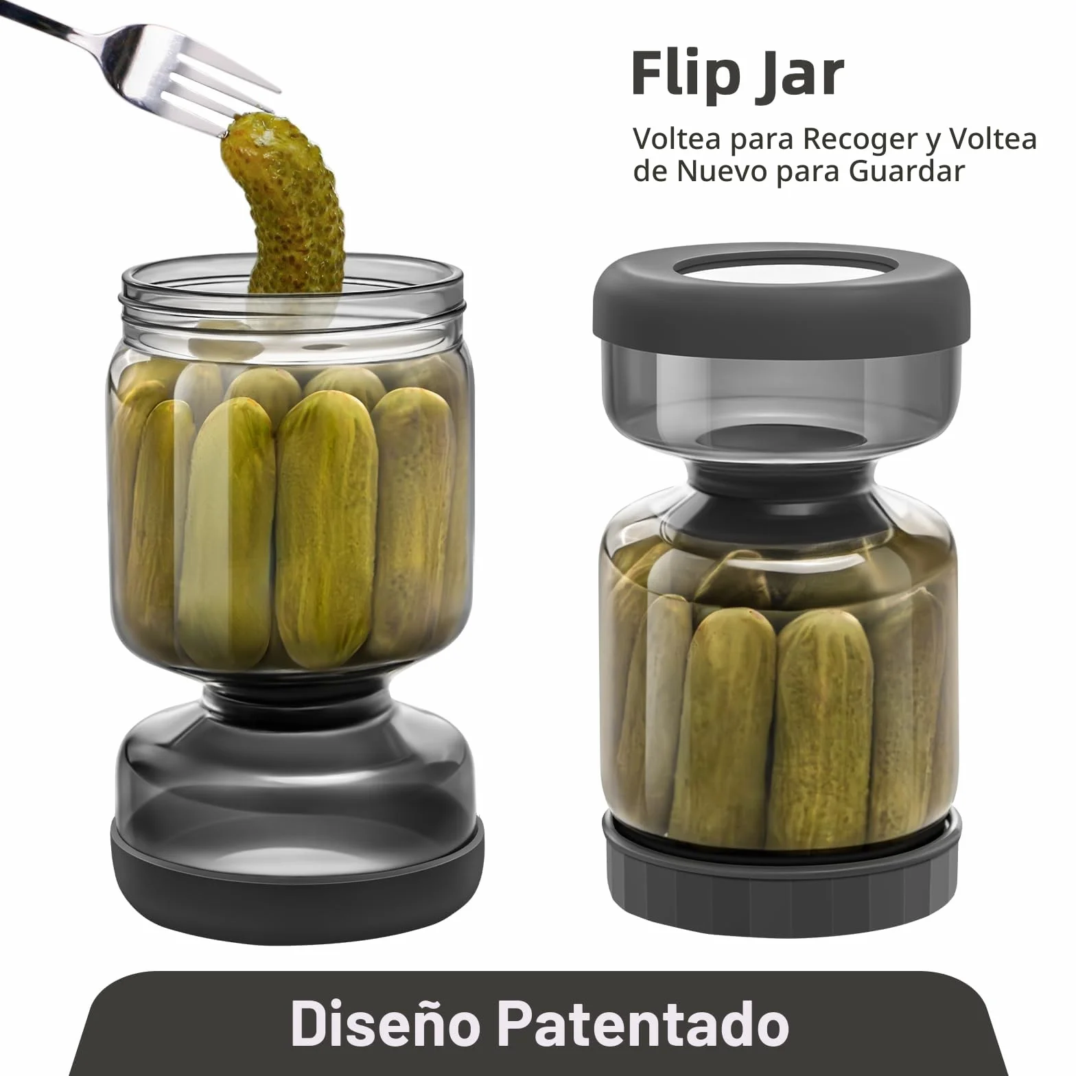WhiteRhino Tarro de pepinillos con colador Flip,1L Recipiente de para pepinillos con doble a prueba de fugas,Tarro de cristal separador de jugo de pepinillos Flip Pickle y Olive Hourglass Jar(Gris 1L)