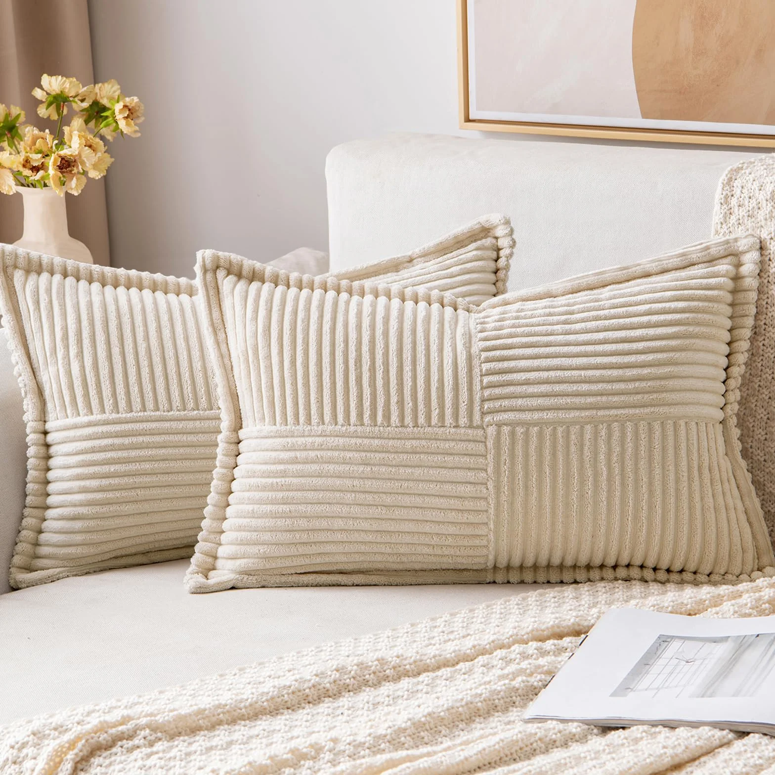 MIULEE Funda de Cojines para Sofá 30x50 cm Funda de Almohada de Corduroy Súper Suave Cojin de Pana a Rayas Decoración Moderna para Sofá Silla Cama Sala de Estar Dormitorio 2 Piezas Creme