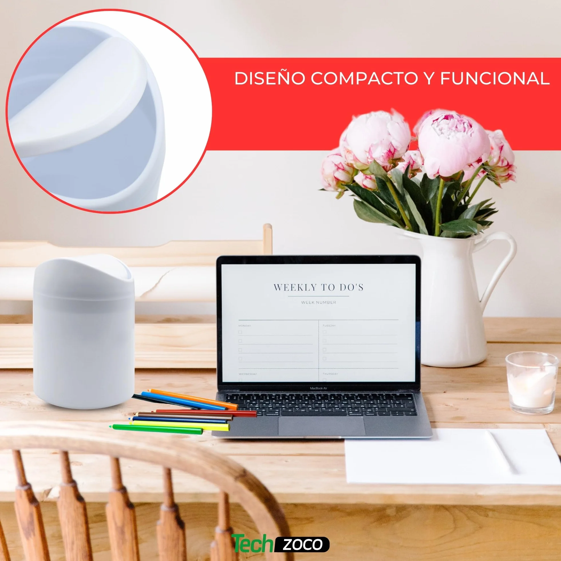 TECHZOCO Papelera de mesa con tapa abatible, Mini Basurero de Mesa, Cubo de Basura para Escritorio, Papelera Escritorio de Oficina, 17.5 cm de altura, Plástico, 1.4 Litros, Blanco