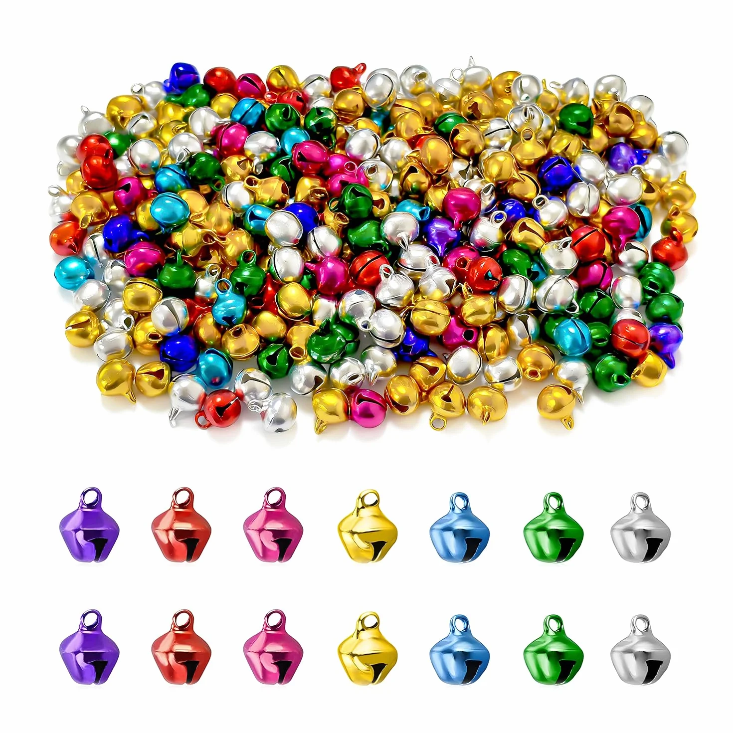 300 cascabeles de 10 mm para manualidades, campanas de metal, color dorado y plateado