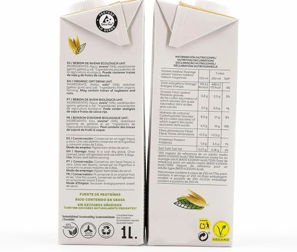 Bebida Vegetal de Avena Bio Rica en Proteínas Pack 6x1L Sin Lactosa Sin Azúcares Añadidos Vegana Bajo en Grasas Saturadas España