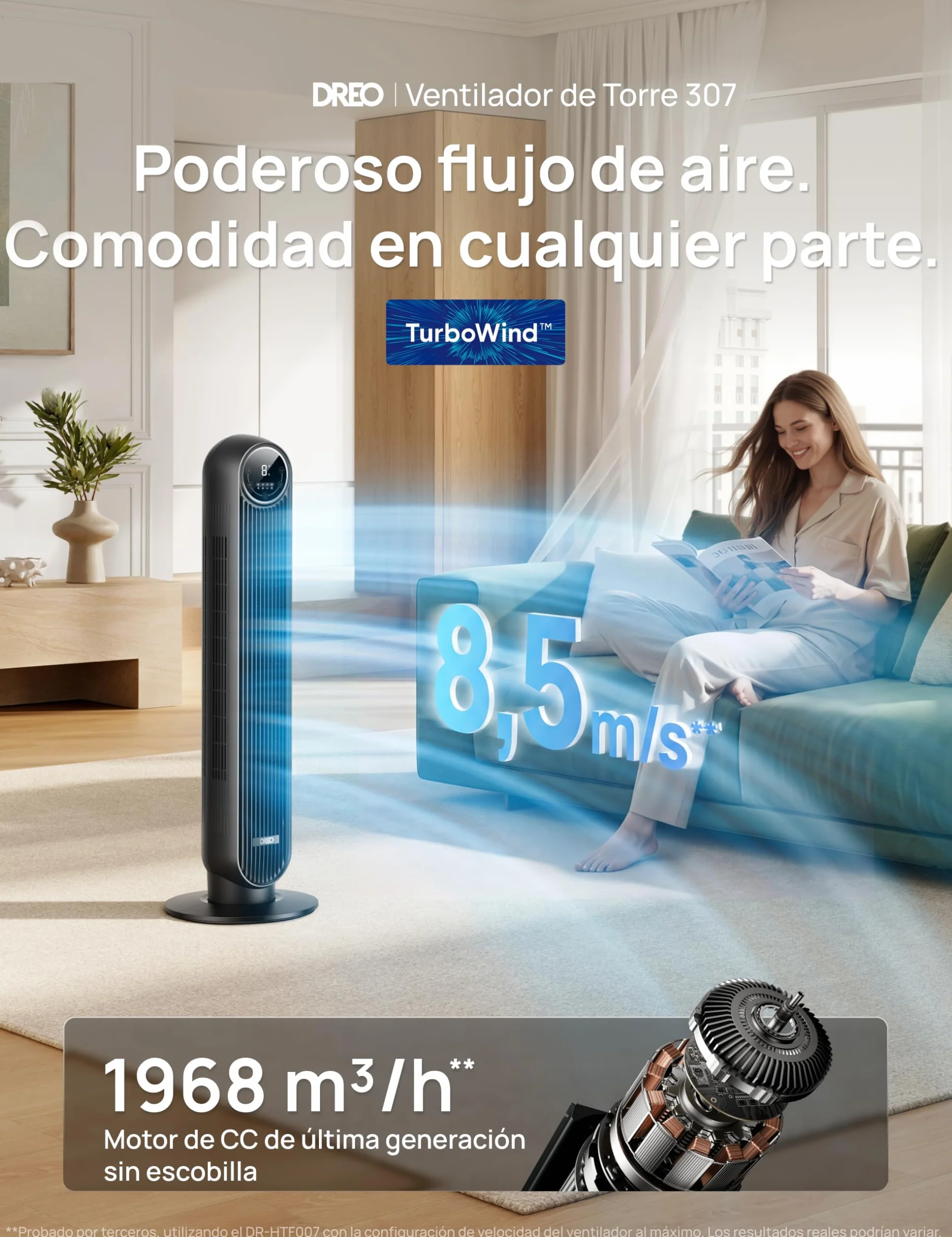 Dreo Ventilador de Torre Silencioso 20dB, 7,6 m/s, 4 Velocidades, Rotación 90°, Temporizador 8H, LED, Mando, Negro