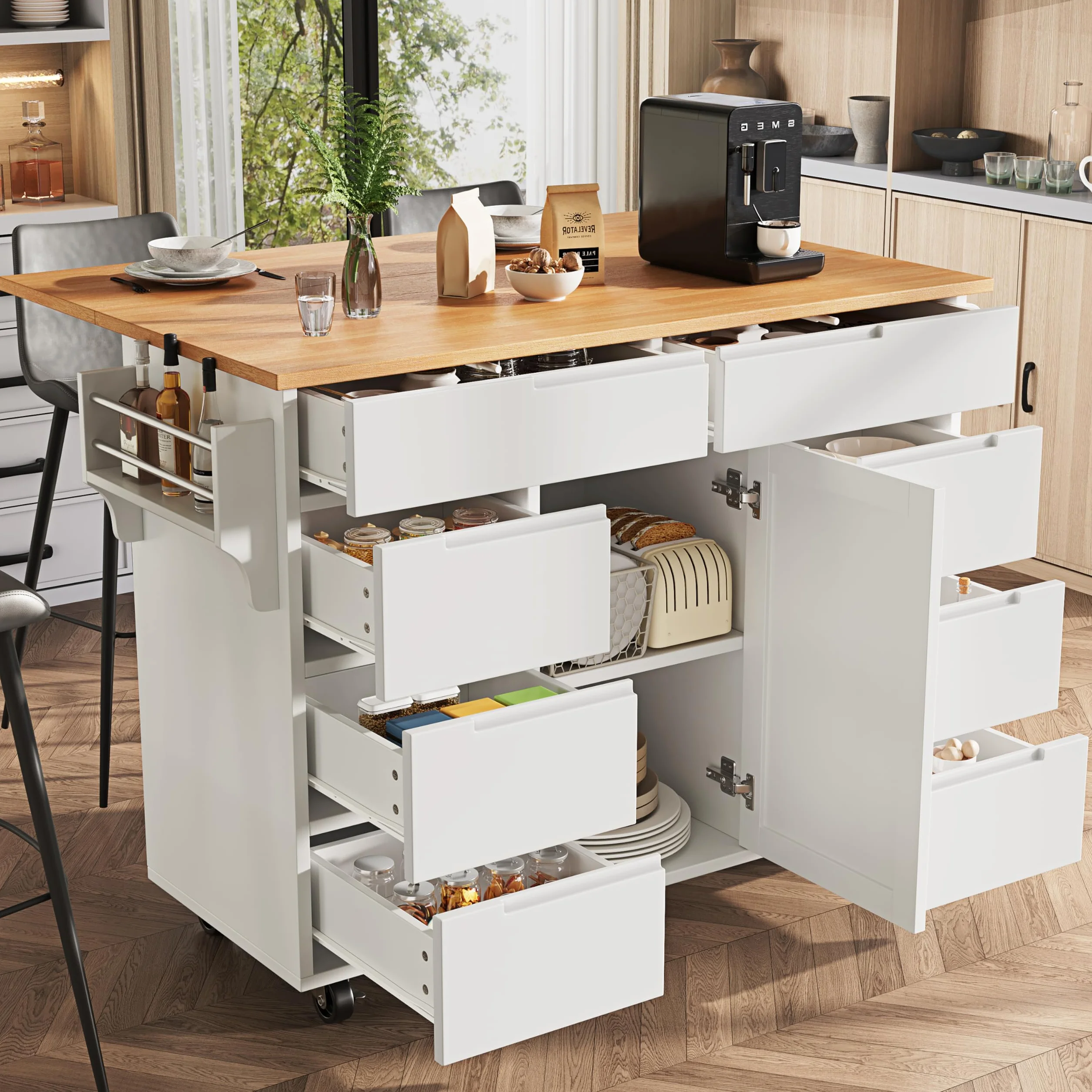 KAZZIO Isla de cocina moderna, armario de cocina, carrito de cocina extensible con ruedas y encimera, carrito de servir con estante para especias y 8 cajones (blanco)
