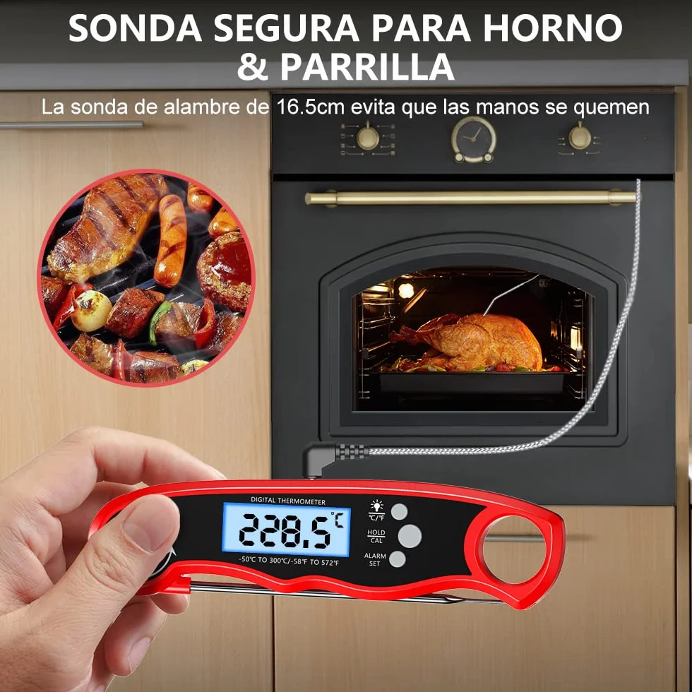 CIRYCASE Termometro Cocina, Termometro Horno Digital de Lectura Rápida & Precisa con 102cm Sonda de Alambre, Calibration & Pantalla LCD, Termometro Barbacoa para Carne, BBQ, Comida, Horno, Liquidos