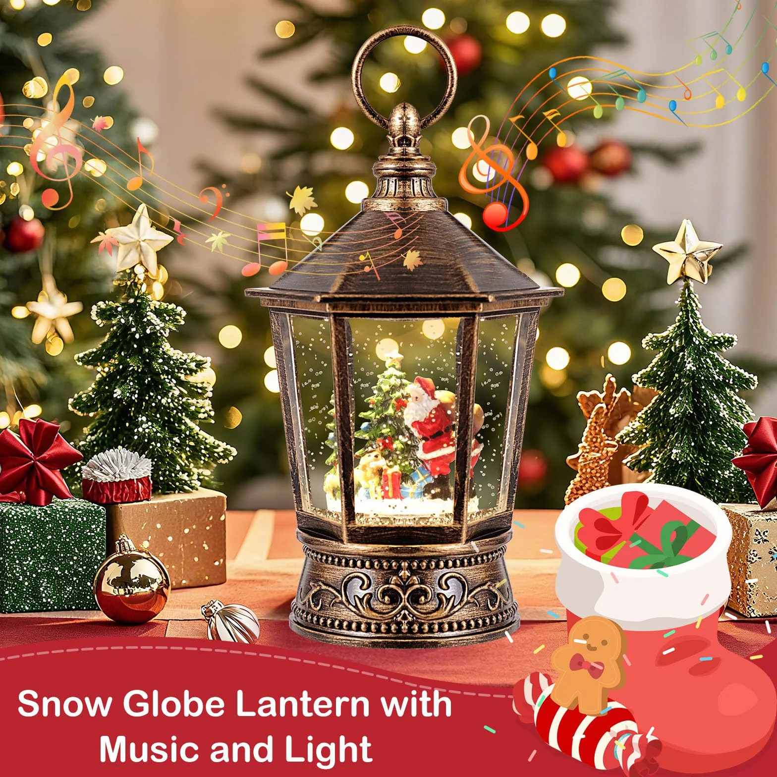 Linterna Musical de Globo de Nieve Vintage Navideña con Luces y Brillo de Agua 25 cm