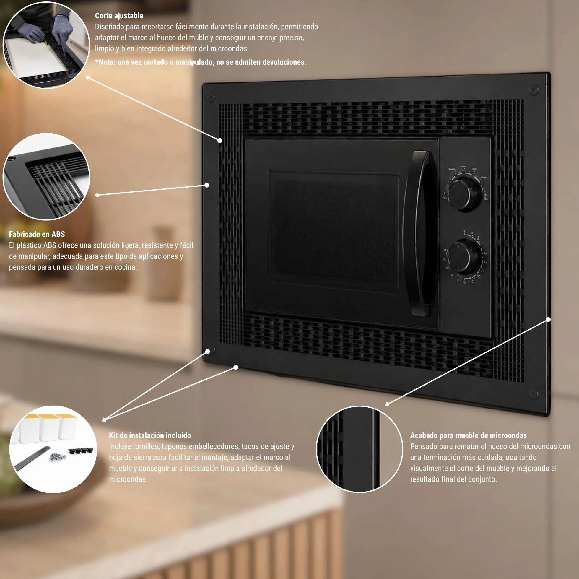 Embellecedor Microondas 60x40cm Marco Tapa Negro Incluye Tornillos