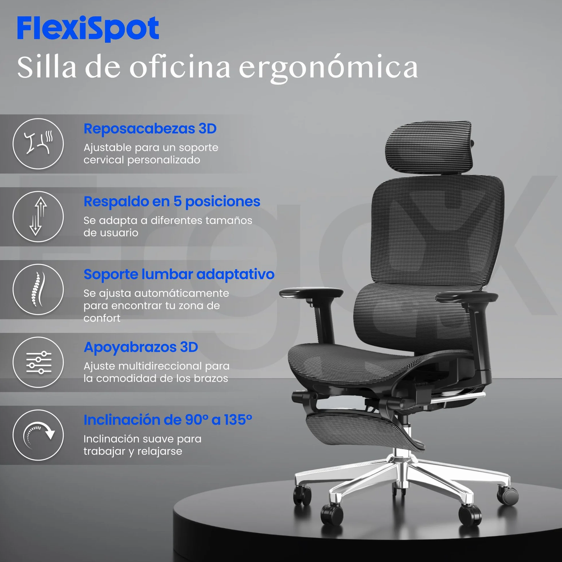 FLEXISPOT ErgoX Silla Escritorio Ergonómica con Reposapiés, Soporte Lumbar, Reposabrazos 3D, Inclinación 135°, Gris