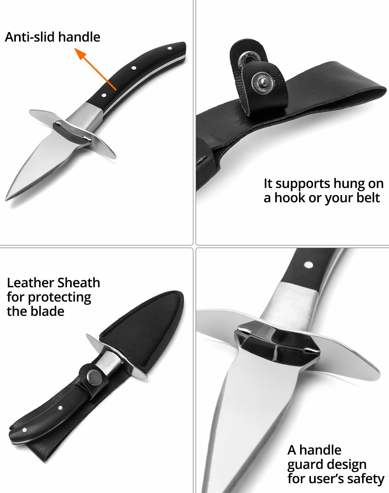 QWORK® 2 piezas Cuchillo para ostras, cuchillo para ostras con funda de cuero, hoja de acero inoxidable con mango de madera de alta calidad