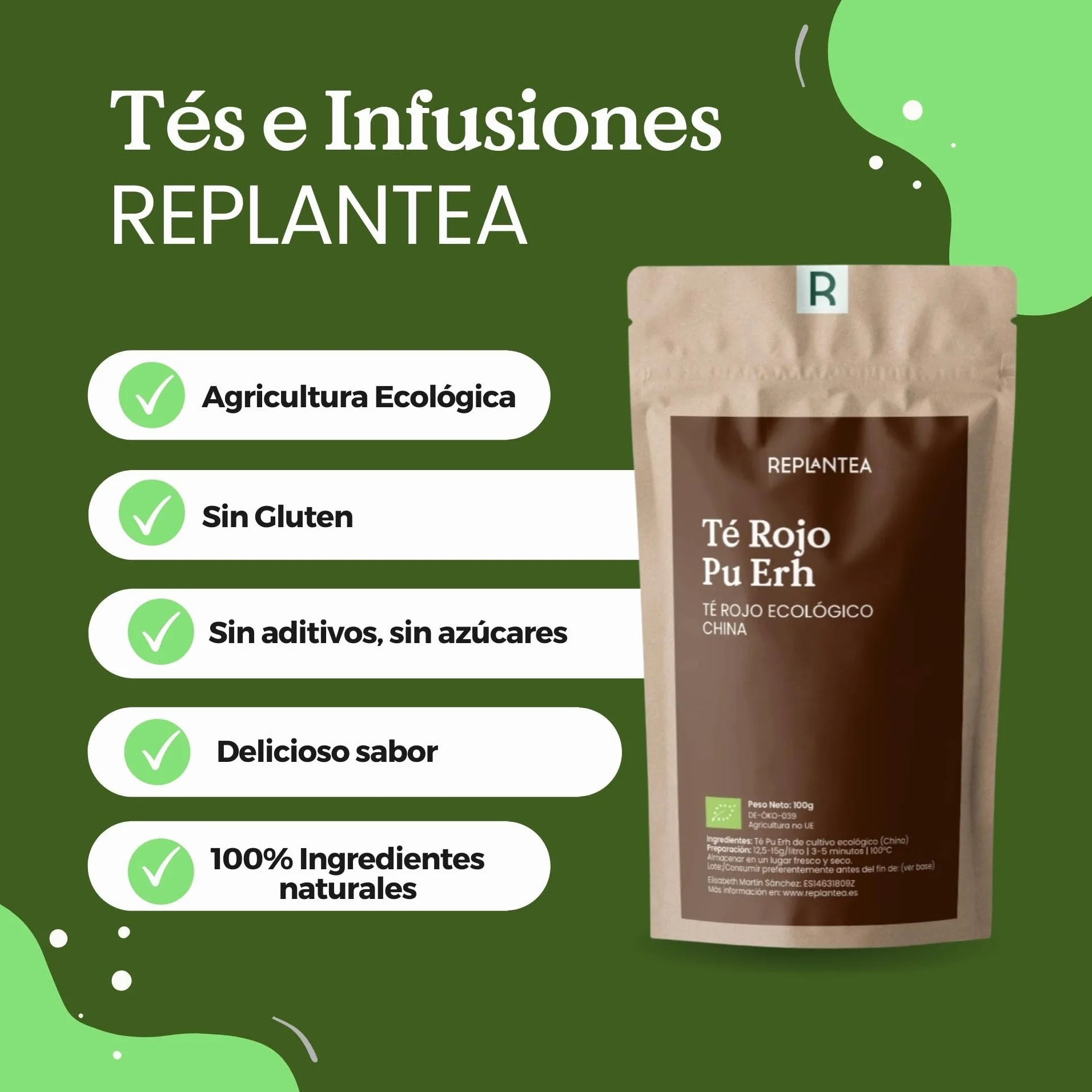 REPLANTEA® Té Pu Erh Orgánico 100g 50 Tazas Diurético Digestivo Detox