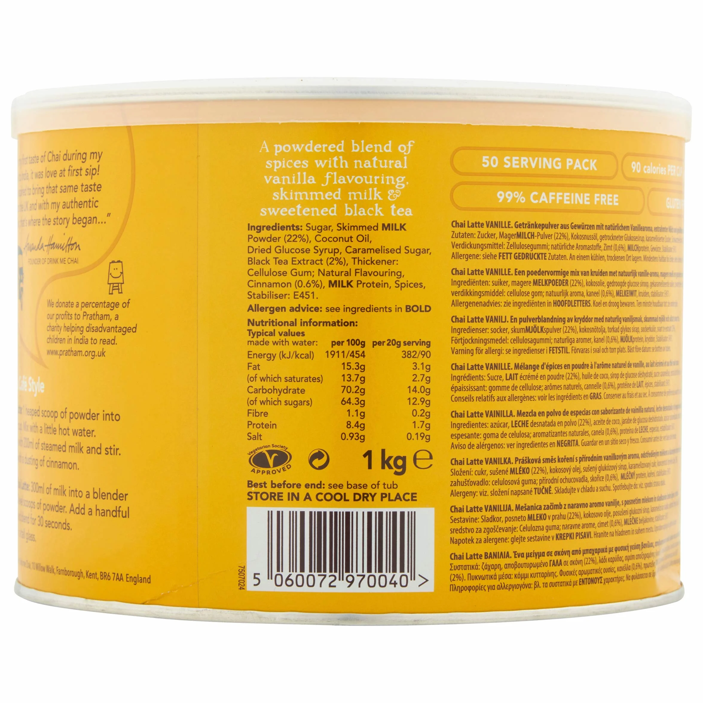 Drink Me Chai Té Chai Latte de Vainilla 1 kg Paquete de 1 50 Porciones