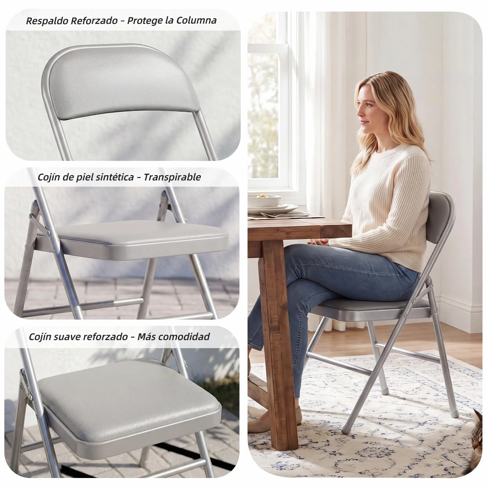 Juego de 4 sillas Plegables Acolchadas con Capacidad de Carga de hasta 158 kg, sillas Plegables de Metal con Fuerte Marco de Acero, sillas Plegables para Cocina, Comedor, Interior y Exterior