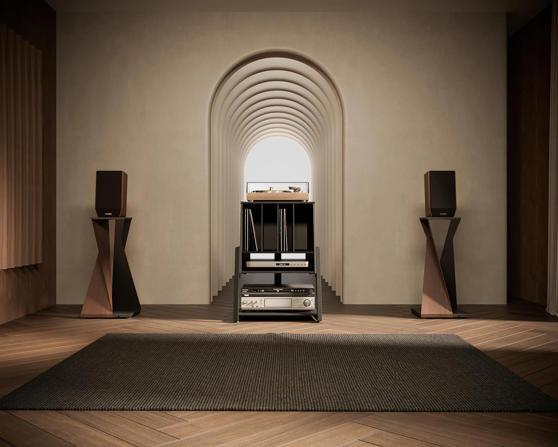 FITUEYES Mueble Tocadiscos, Mueble HiFi de Madera y Metal, Almacenamiento para 120 Discos, para Sistemas Compactos, para Salones y Salas de Música