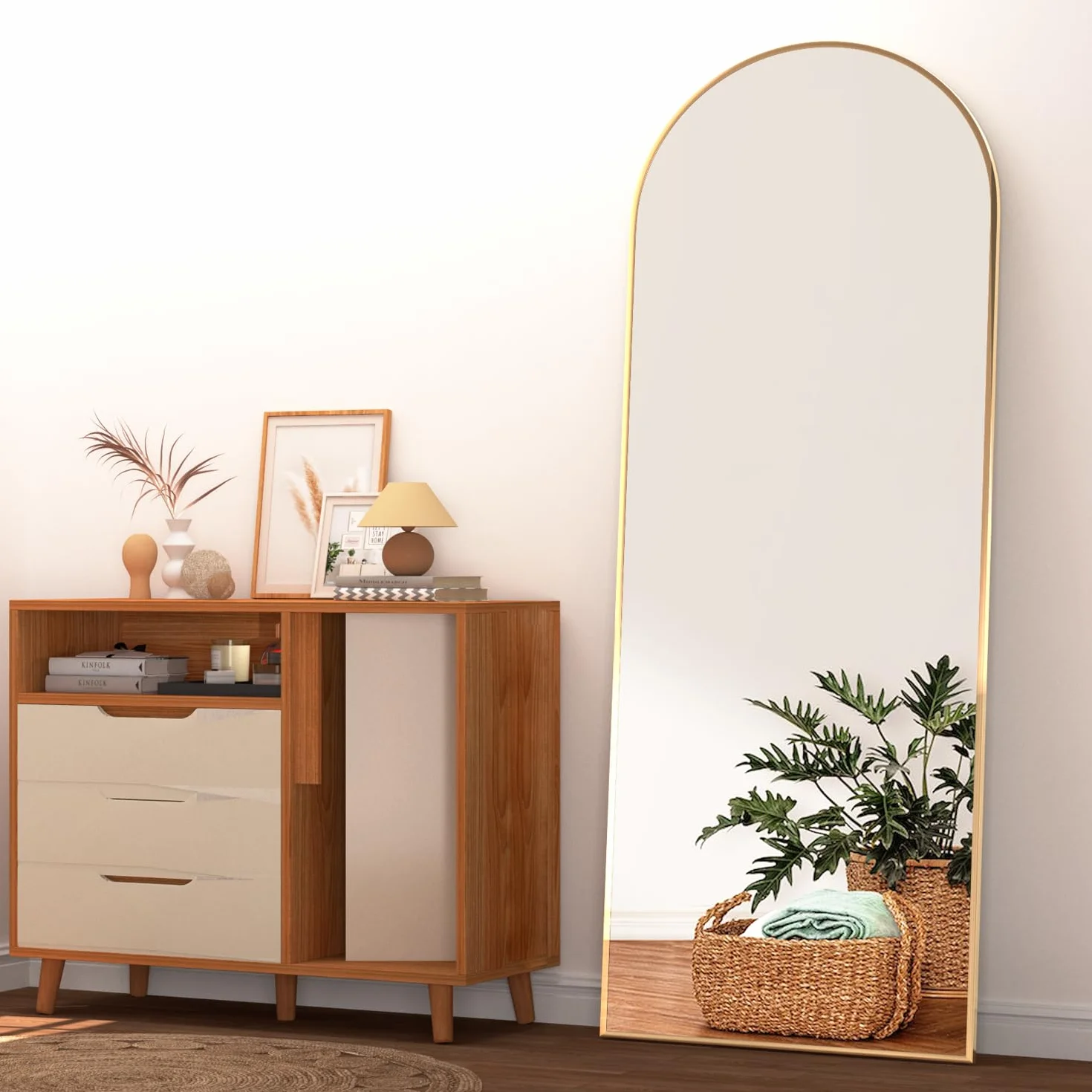 Arqueado Espejo de Cuerpo Entero, 162X53cm Espejo de Suelo arqueado con Soporte, Espejo de Pared Grande, Dorado Colgado de pie o apoyado contra la Pared para Entrada de Dormitorio