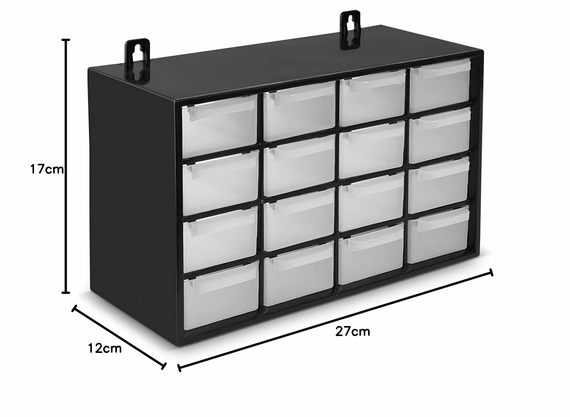 Clasificador apilable con 16 cajones, negro, 17 x 27 x 12 cm. Módulo, estante organizador de plástico para piezas pequeñas, taller, costura