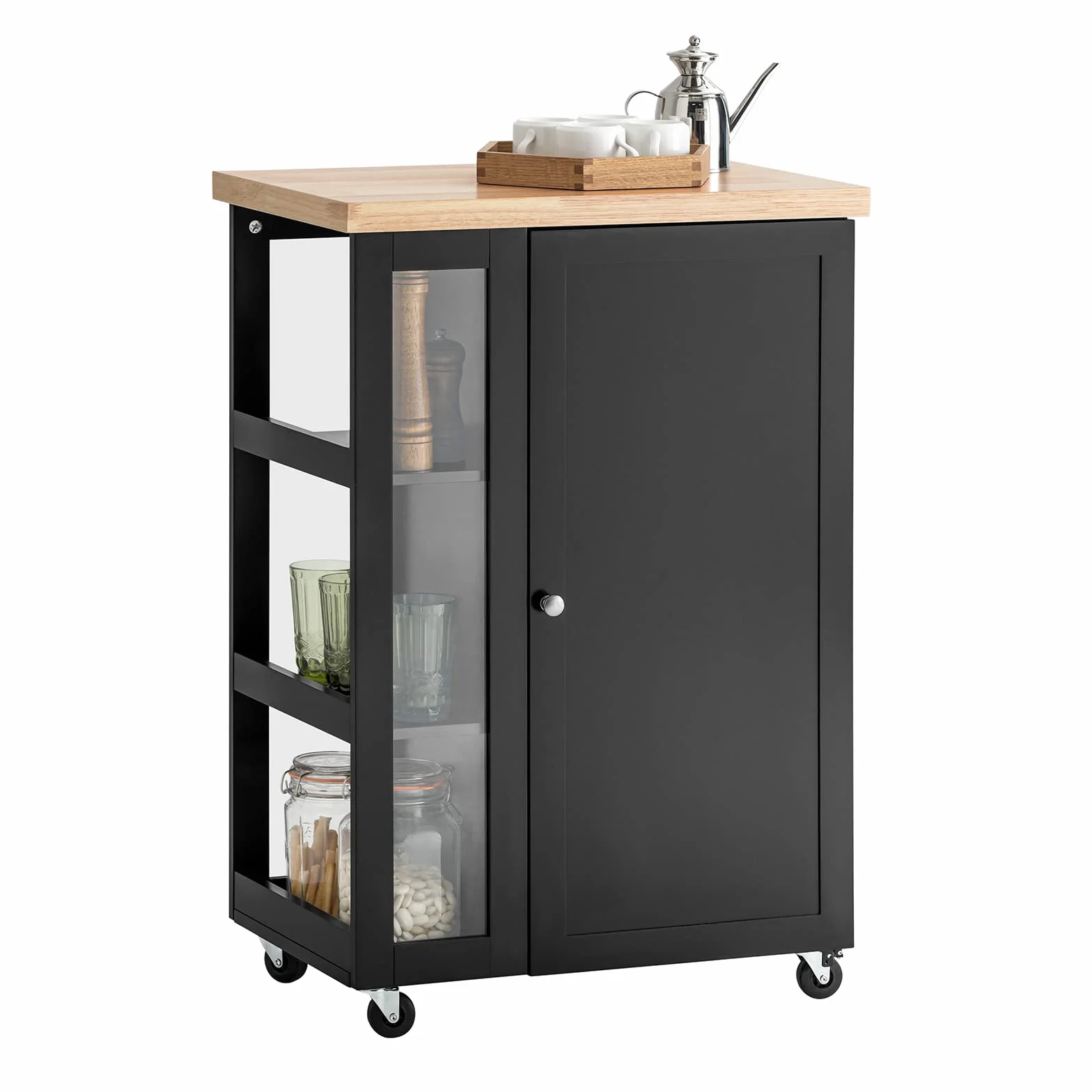 SoBuy Carrito Auxiliar con Ruedas y Estante Lateral 60 × 40 × 90 cm Cocina | Mueble auxiliar de cocina con armario y 2 baldas regulables en 6 posiciones, de MDF (E1) y cristal, para el comedor FKW75-SCH
