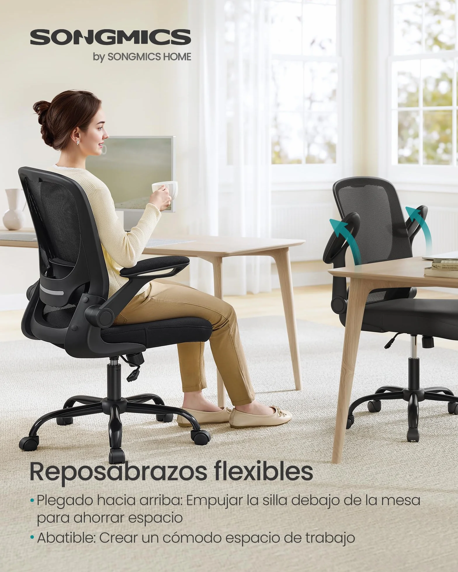 SONGMICS Silla de Oficina Ergonómica de Malla Giratoria con Soporte Lumbar, Asiento 53 cm, Apoyabrazos Abatibles, Negro