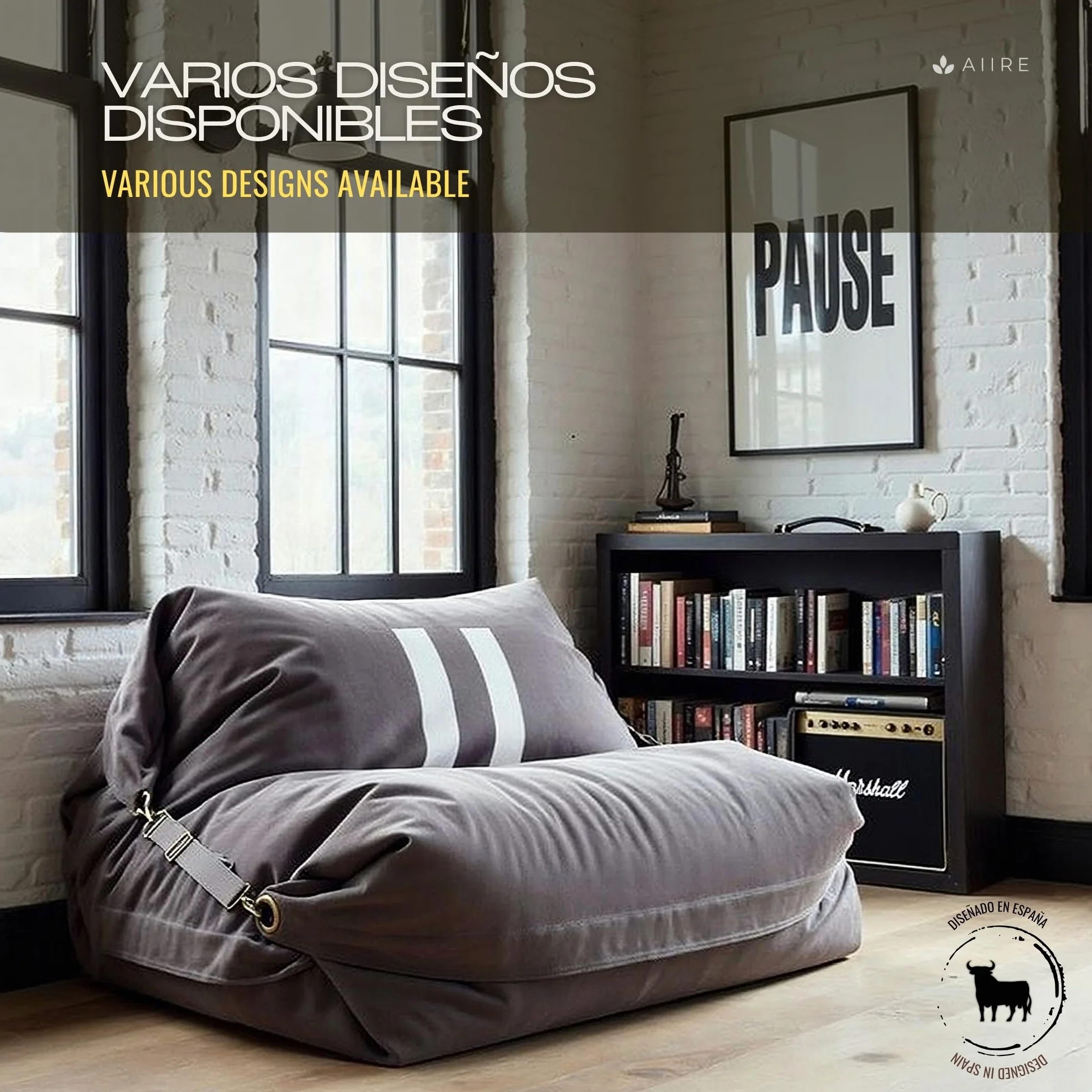 Aiire Sillón Puff Gigante de Diseño - [180x140] Sofa Puf con Relleno Incluido XXL - Bean Bag Chair Salon para Jóvenes y Adultos Moderno - Lavable y Desenfundable - Cojin de Suelo Grande Pause Gris
