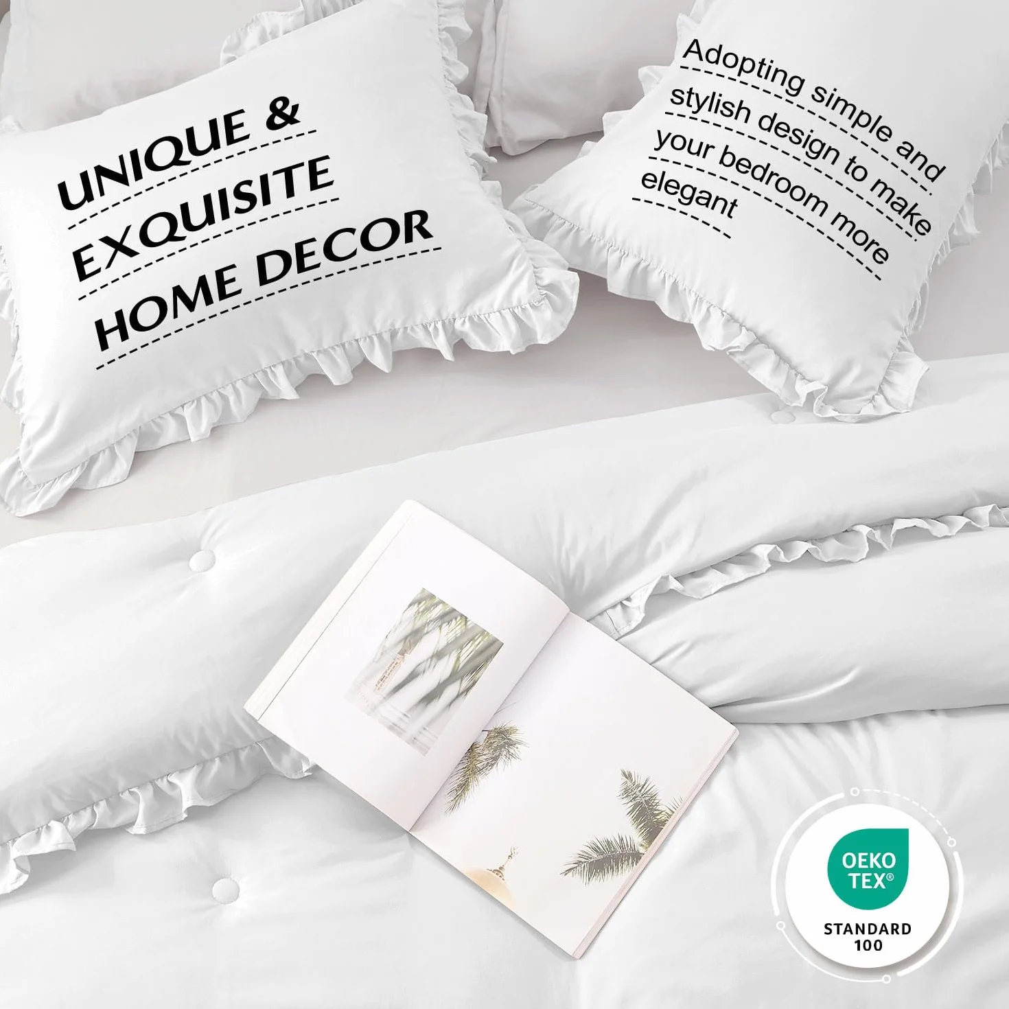 HARBOREST - Edredón matrimonial con volantes blancos para cama de tamaño matrimonial, juego de edredón esponjoso para todas las estaciones, juego de cama de 3 piezas Shabby Chic (1 edredón y 2 fundas