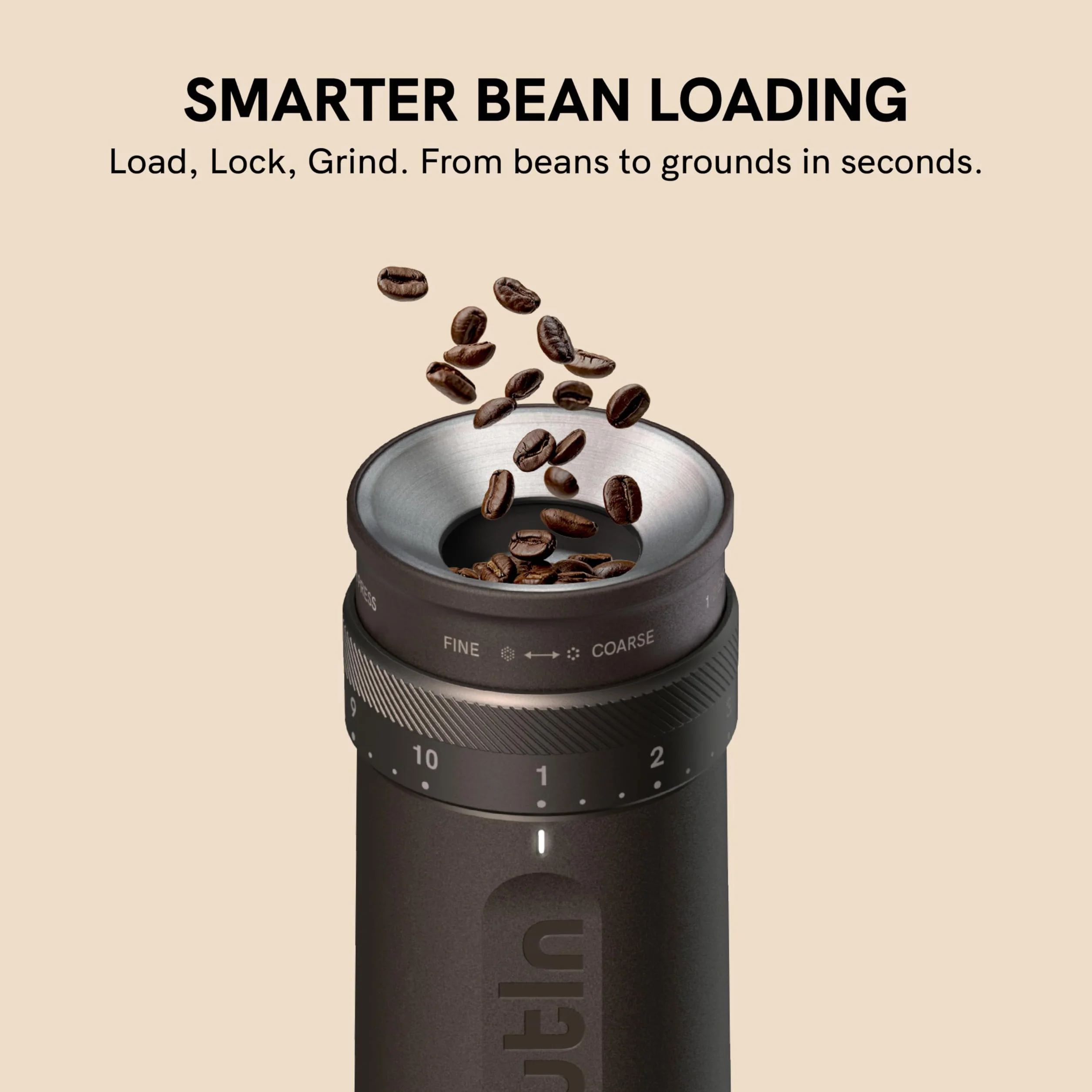 OutIn Fino Molinillo de café eléctrico portátil, molinillo de granos de café ajustable con 28 ajustes de molienda precisos, molinillo de café con rebaba de un botón con batería de carga rápida