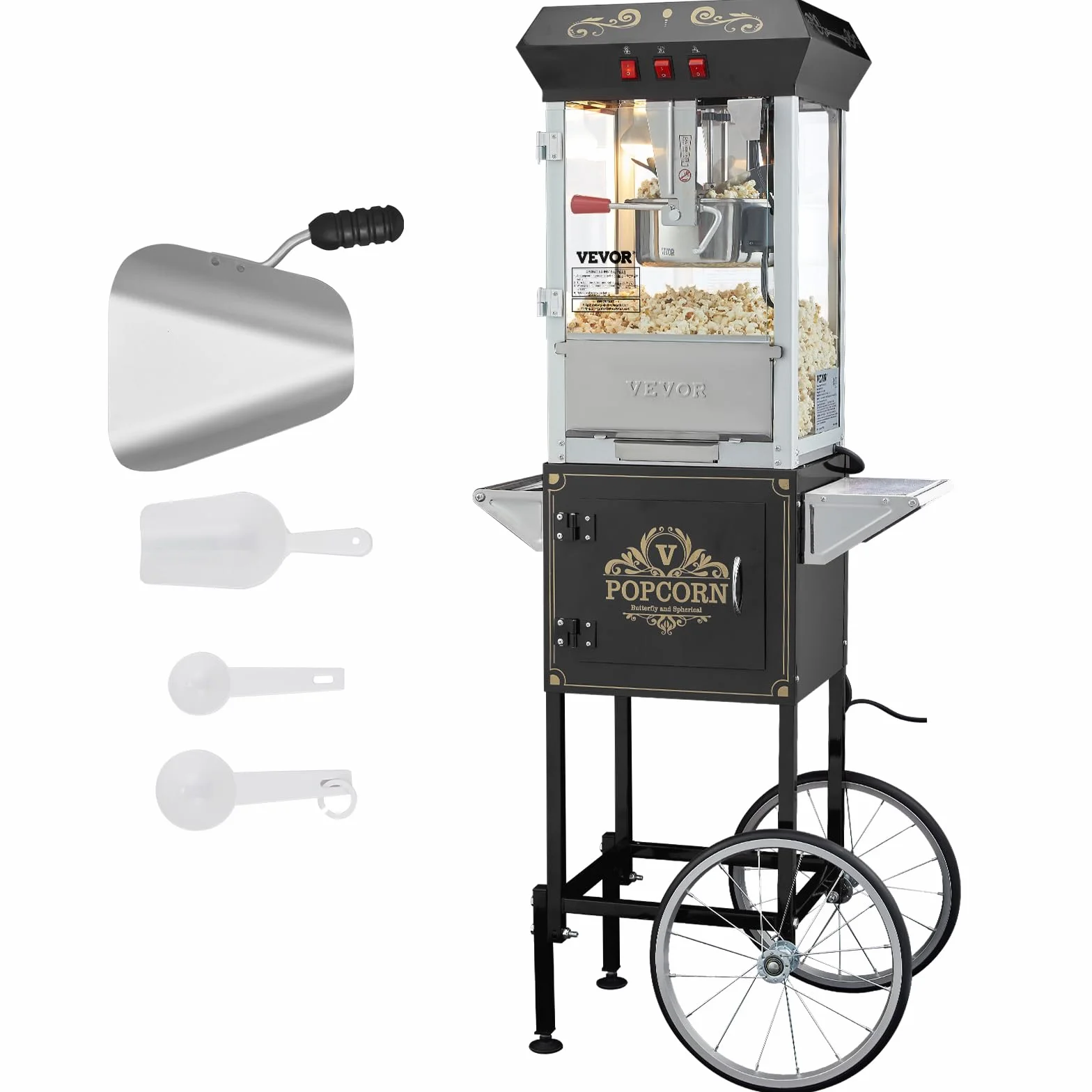 VEVOR Máquina para Hacer Palomitas de Maíz con Carrito, 850 W, 8 oz, 48 Tazas, Vidrio Templado, Negro