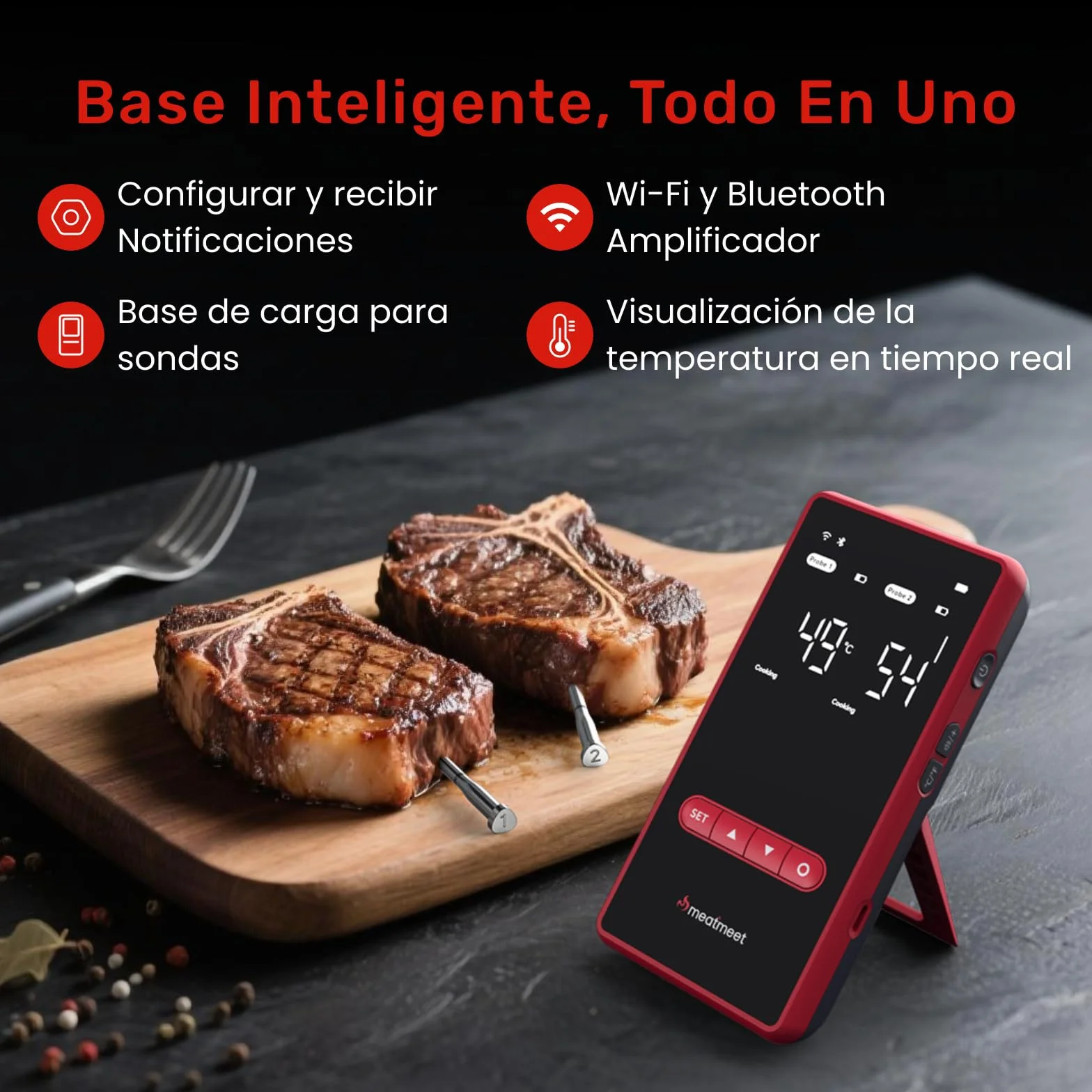 X Pro Termómetro para Carne con Bluetooth y WiFi, 2 Sondas 6 Sensores, Pantalla LED, IP69 Impermeable​, resistente al calor hasta 582°C, Termometro Carne para BBQ, Grill, Cocina, Asador