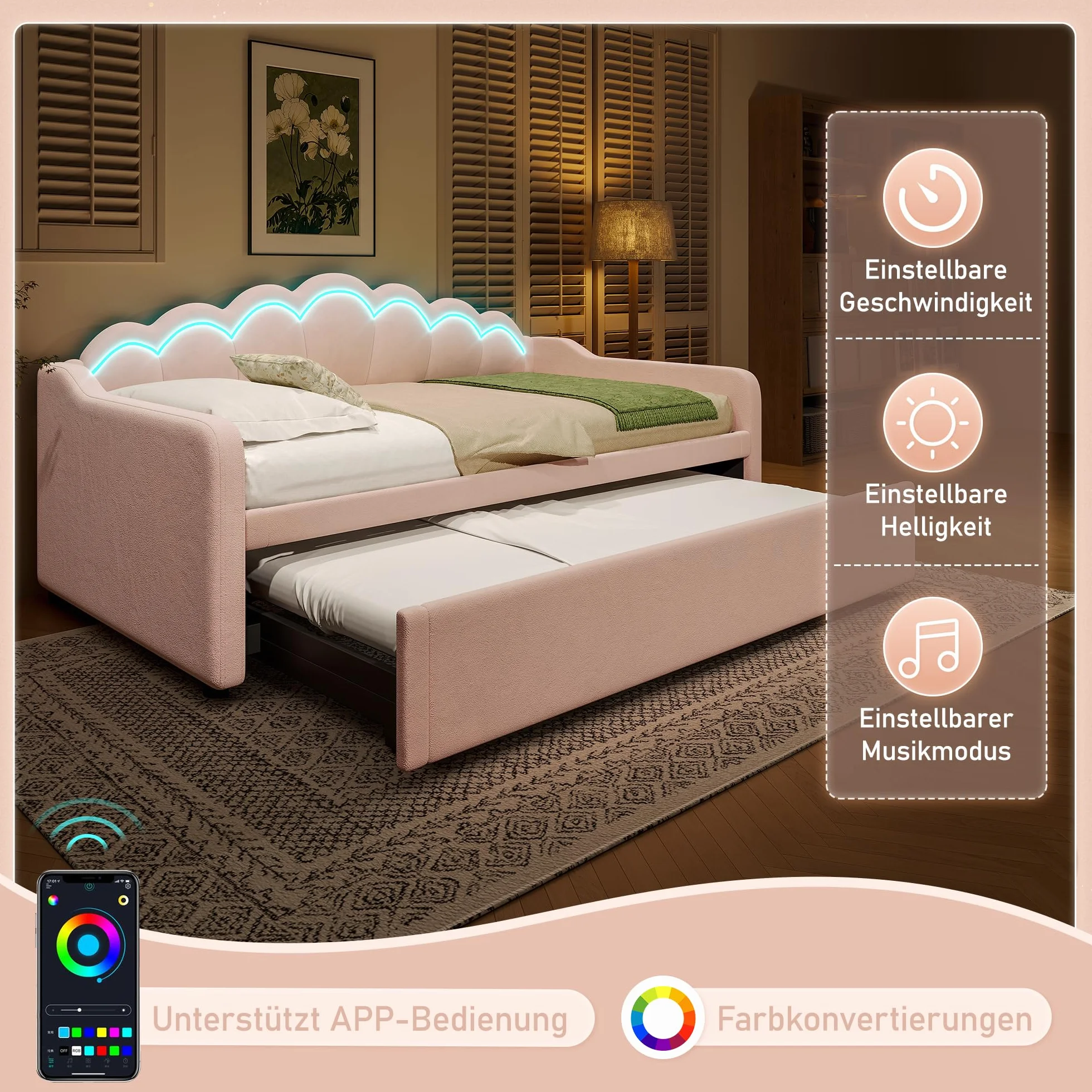 Lexiou Cama de día con cama nido, sofá cama, cama individual (sin colchón), cama doble, terciopelo, tira LED que cambia de color, 90 x 200 cm (180 x 200 cm) (rosa)