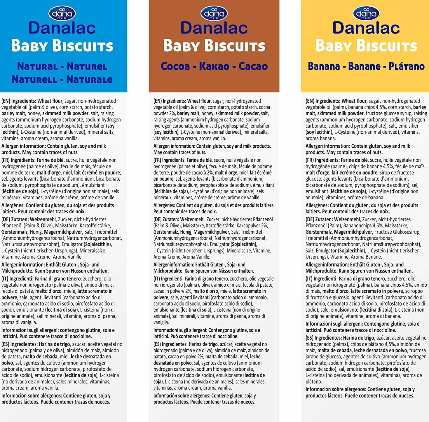 DANALAC Galletas de bebé 120g Paquete combinado 2 plátano 2 cacao 2 natural Aperitivos niños 6 meses calcio hierro vitaminas