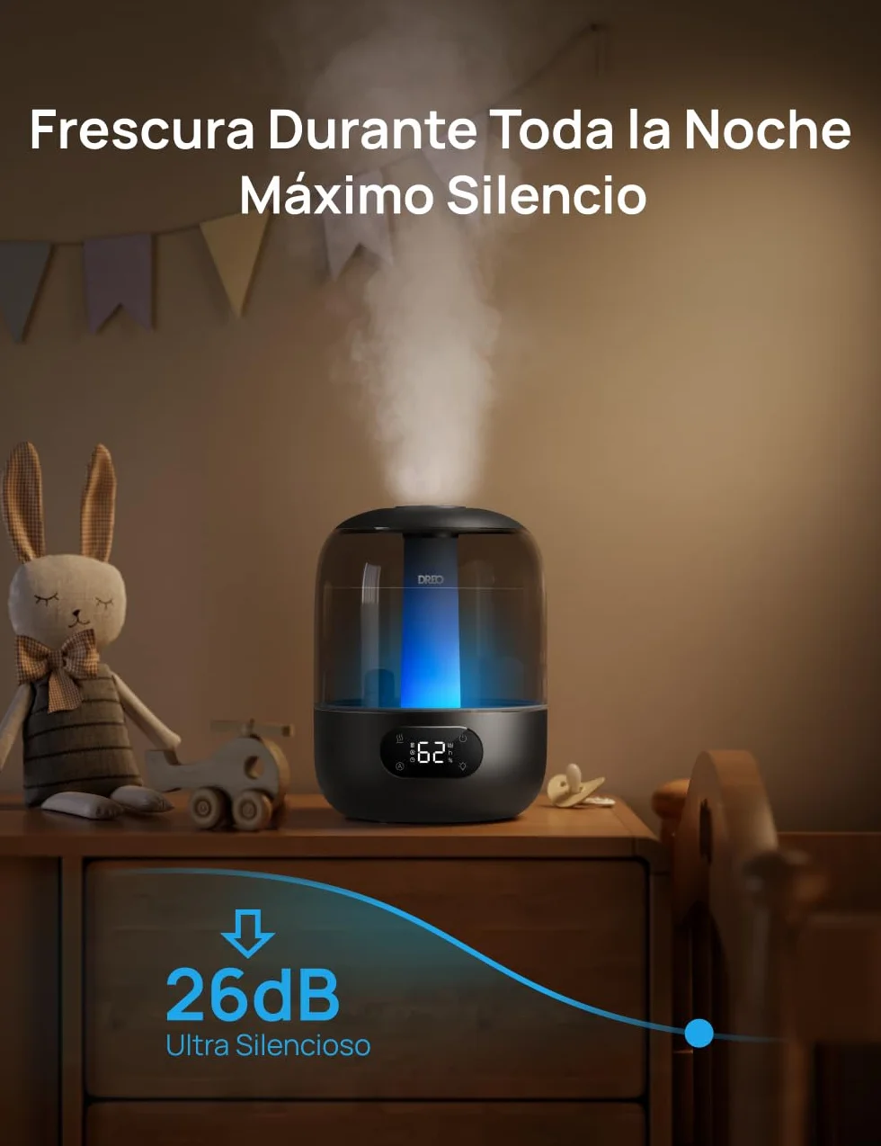 DREO Humidificador Ultrasónico 3L 26dB Silencioso con Sensor de Humedad, Niebla Fría, 30h, Boquilla 360°, Negro