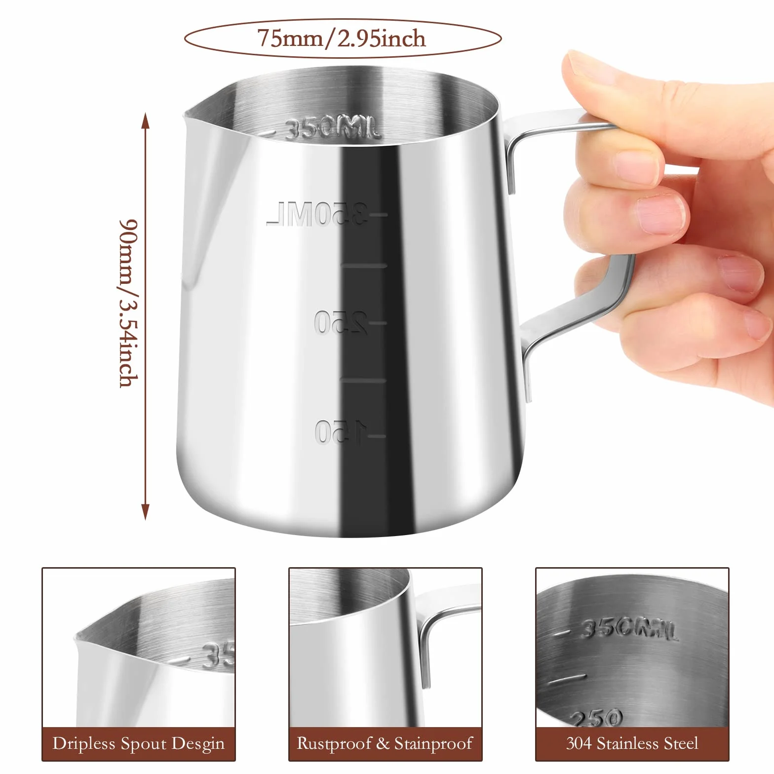 JOPHEK Jarra Barista 304 Acero Inoxidable, Jarra de Espuma de Leche, con Marca de Medición, Taza de Café para Espumar, para Capuchino, Espresso (350ML)
