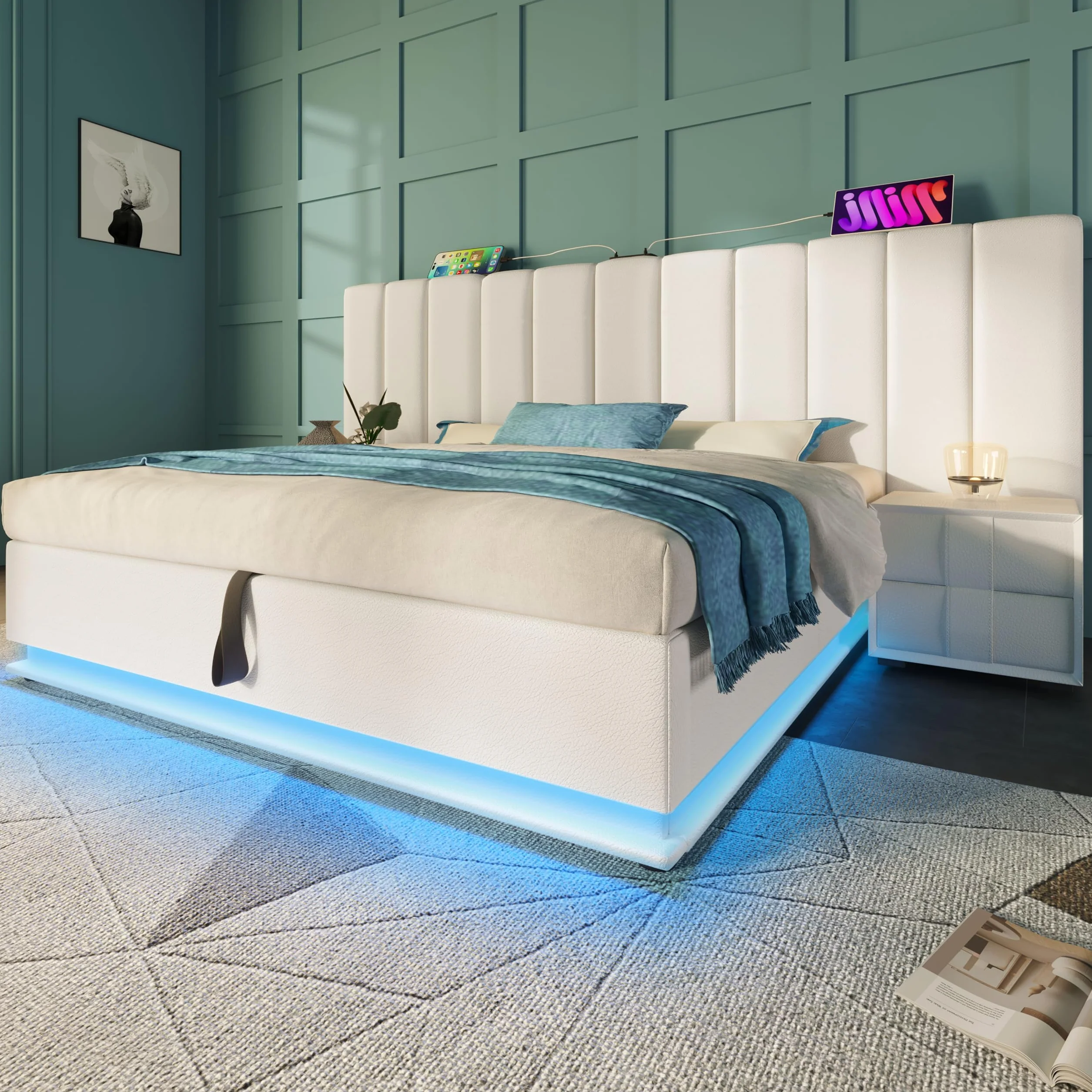 Moimhear Cama tapizada, cama doble con almacenamiento con control LED por app y función de carga USB-C, lino, sin colchón ni mesita de noche (blanco, 160 x 200 cm)
