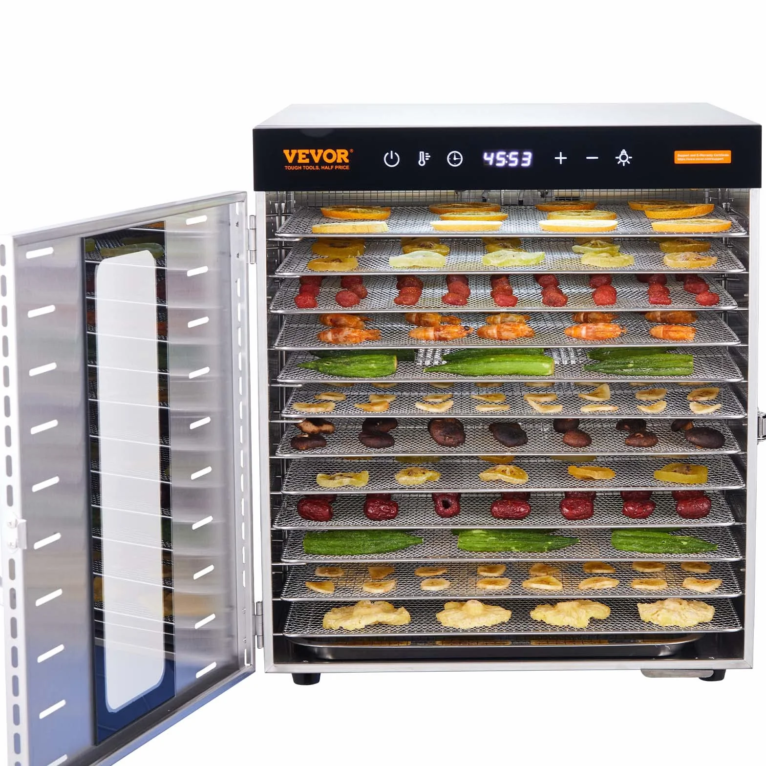 VEVOR Máquina Deshidratadora de Alimentos 10 Bandejas Acero Inoxidable 1000 W Temperatura Ajustable 30-90 °C Temporizador 0,5-48 h