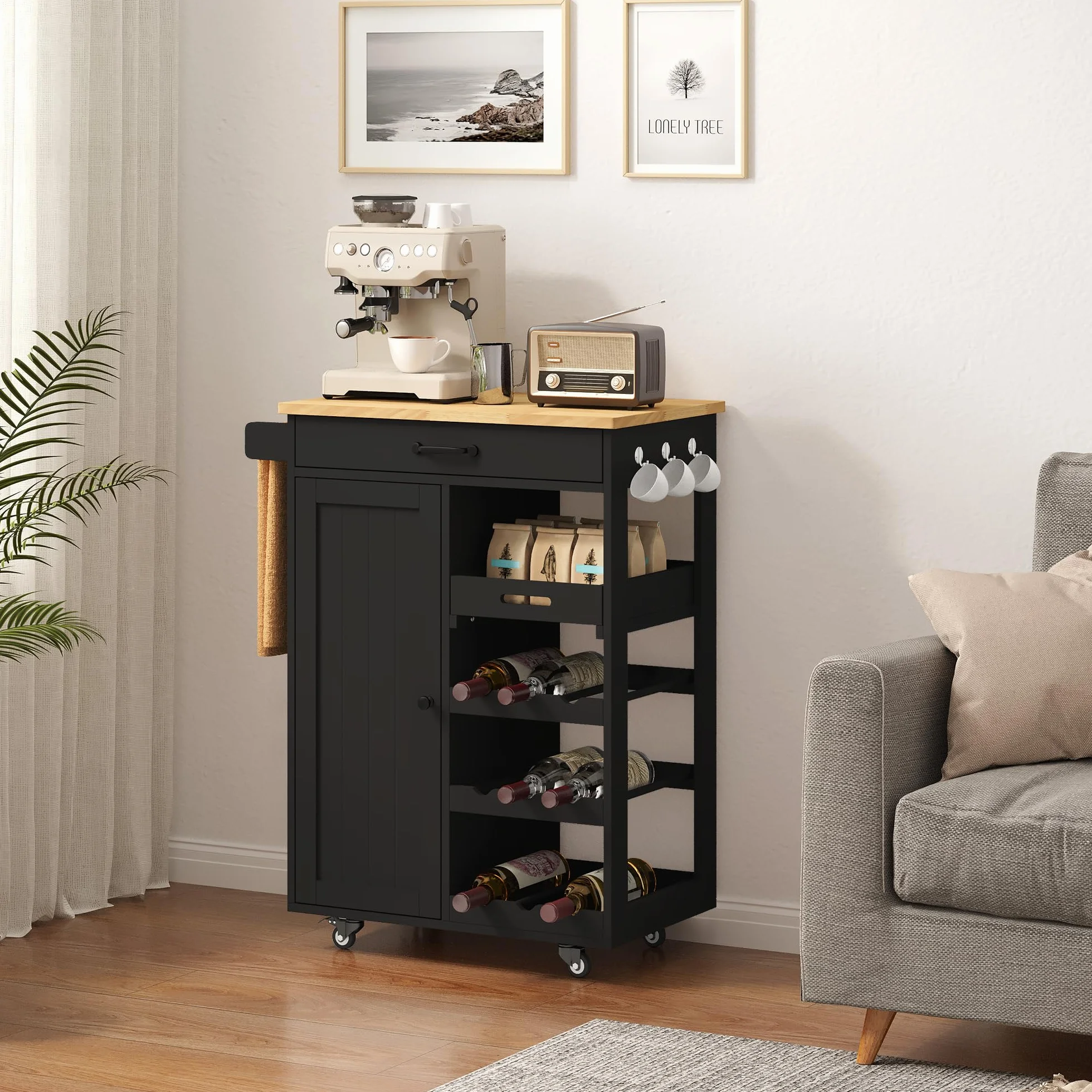 Xbro Carrito Auxiliar con Ruedas, Carrito con encimera, cajón, Bandeja extraíble, Estante para Vino, toallero y Gancho, Carrito Auxiliar para Cocina, Comedor y Bar, 40 x 64 x 91 cm, Negro