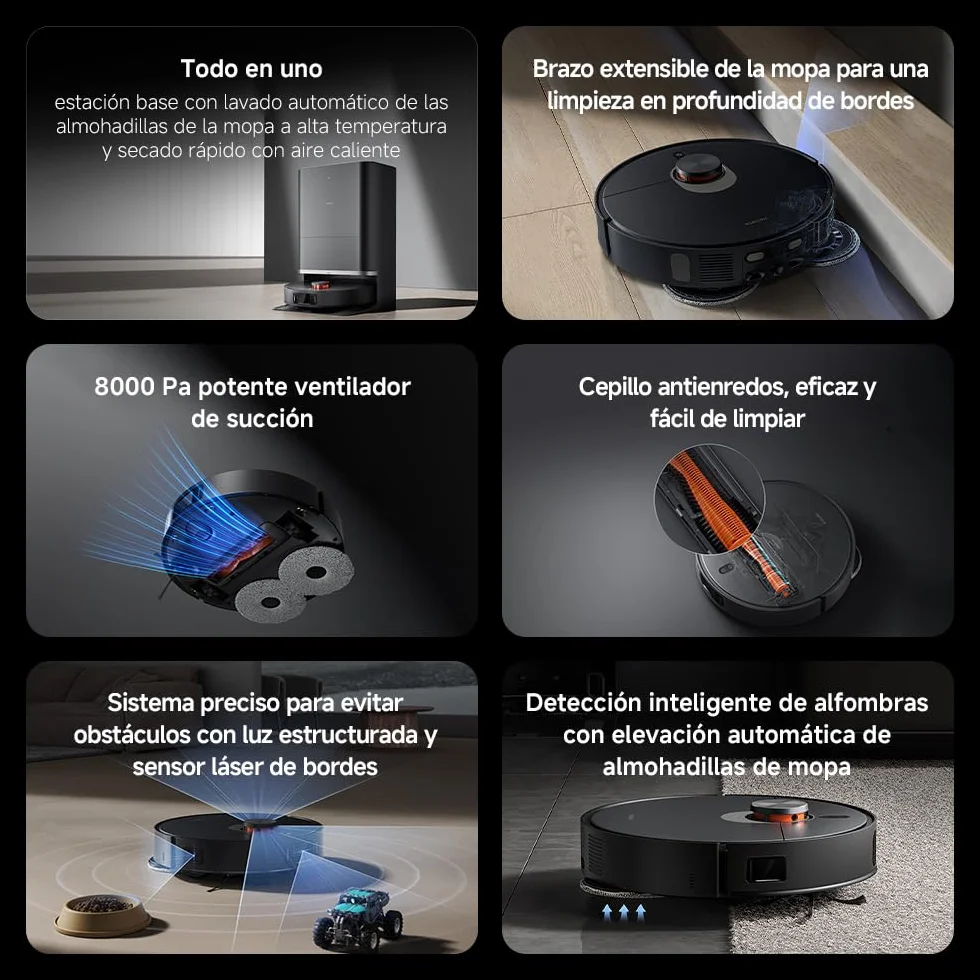 XIAOMI Robot Vacuum X20 MAX con estación Todo en uno: Vaciado automático, Lavado a Alta Temperatura y Secado rápido. 8000Pa, Brazo Extensible, Cepillo Anti-enredos, navegación LDS y Control por App.