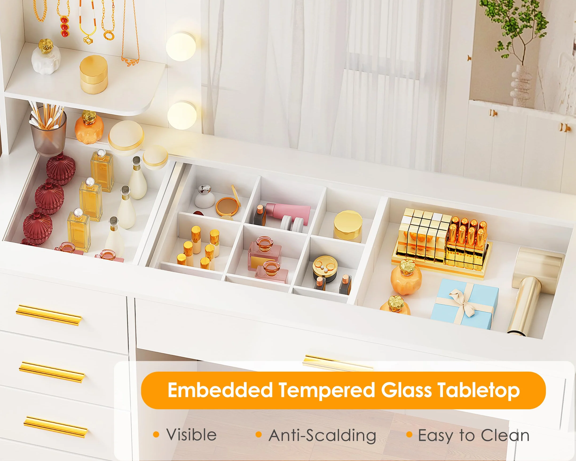ANWBROAD Grande Tocador con Espejo y Luces LED Regulables Tocador de Maquillaje con Vidrio y Enchufes,Mesa de Maquillaje con 8 cajones 3 estantes Abiertos y 5 Ganchos para Joyas Moderno Blanco BDT88W