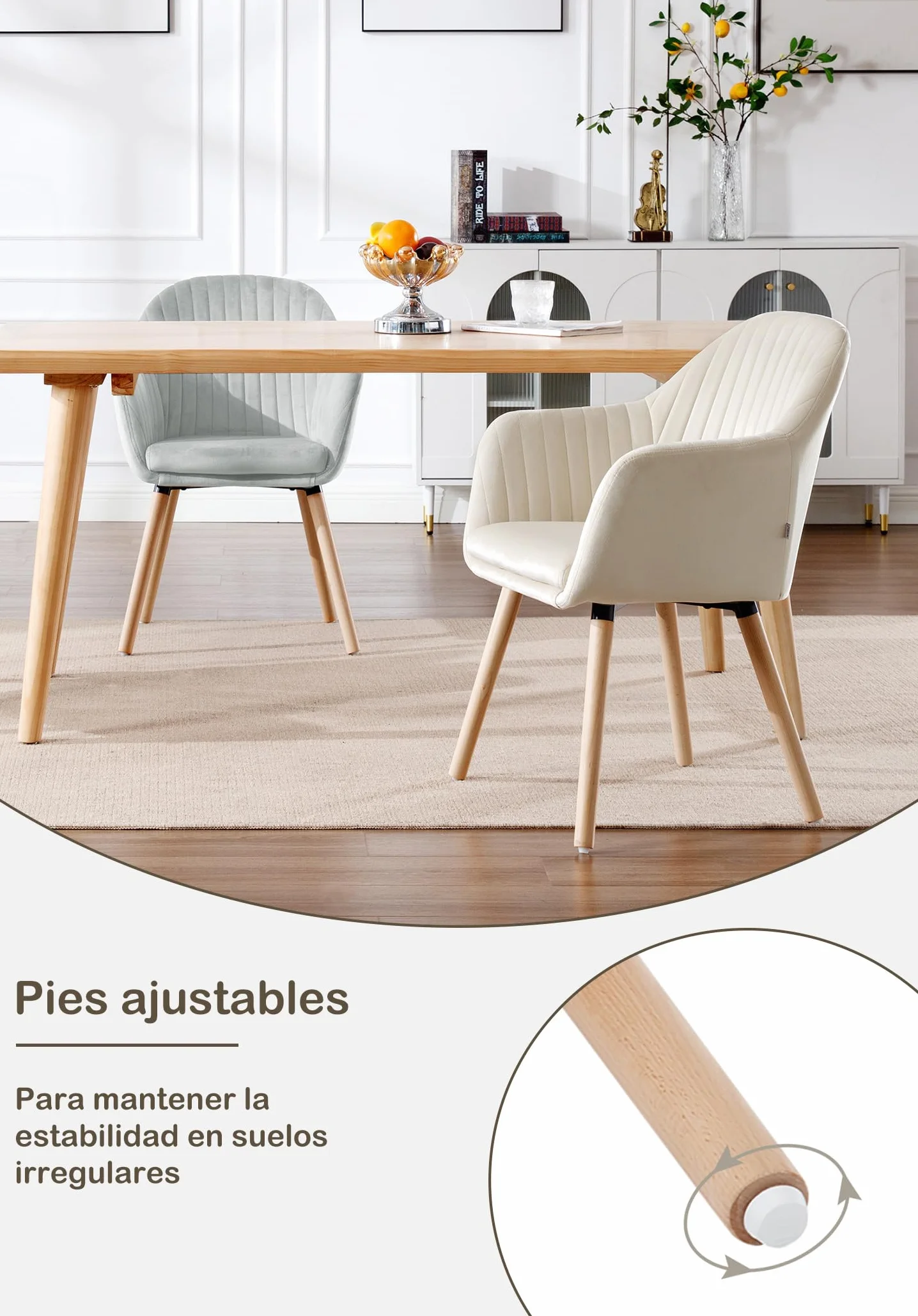 WOLTU Juego de 2 Sillas de Comedor y Cocina con Respaldo Mediano,cojín Doble de Terciopelo y Patas de Estructura de Madera,adecuadas para salón y Dormitorio,Blanco Crema