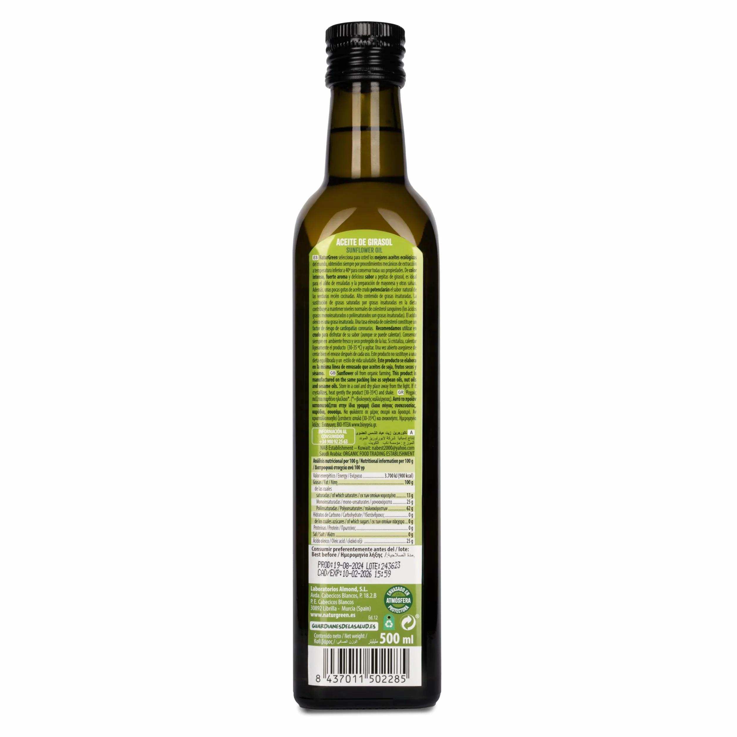 NaturGreen Aceite de Girasol Bio 100% Omega-3 Primera Presión 500 ml